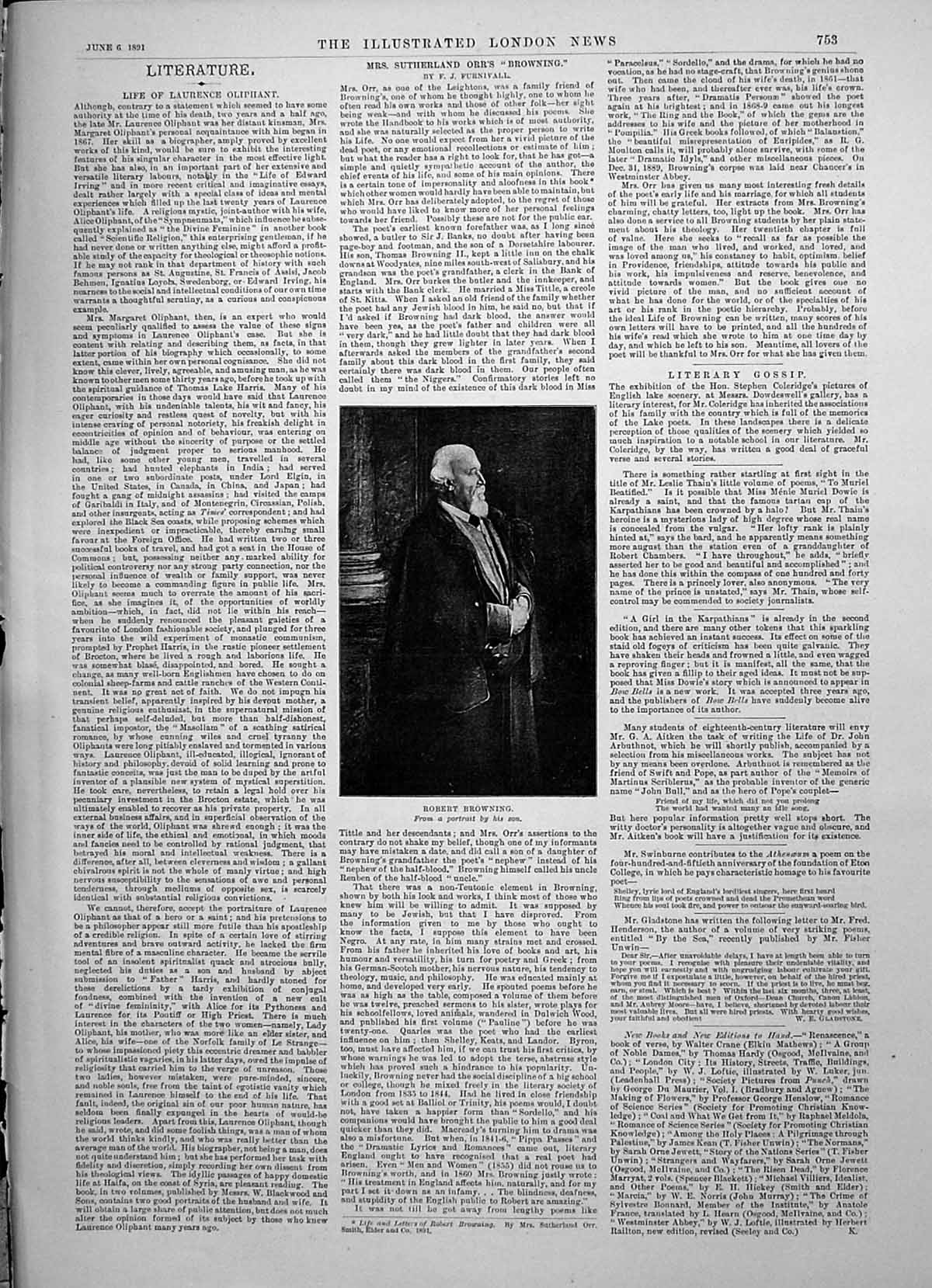 Original Old Antique Print 1891 Portrait Robert Browning Literature Writer 19th