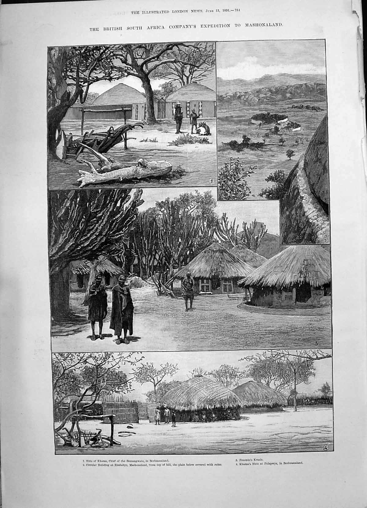 Old 1891 British Africa Mashonaland Huts Khama Zimonto Kraals Omnibus Victorian