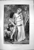 Antique Print 1891 Romance Les Premiers Bijoux Man Lady Forest Bouguerreau