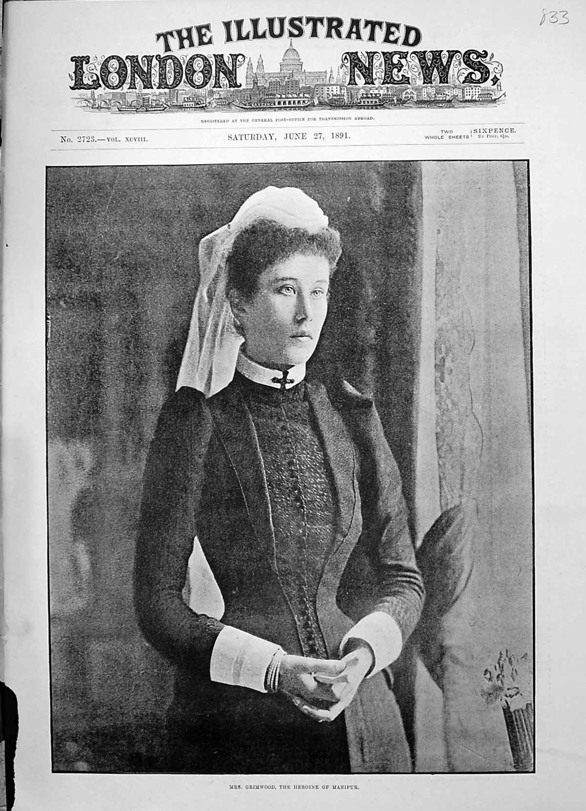 Original Old Antique Print 1891 Portrait Mrs Grimwood Heroine Manipur Victorian