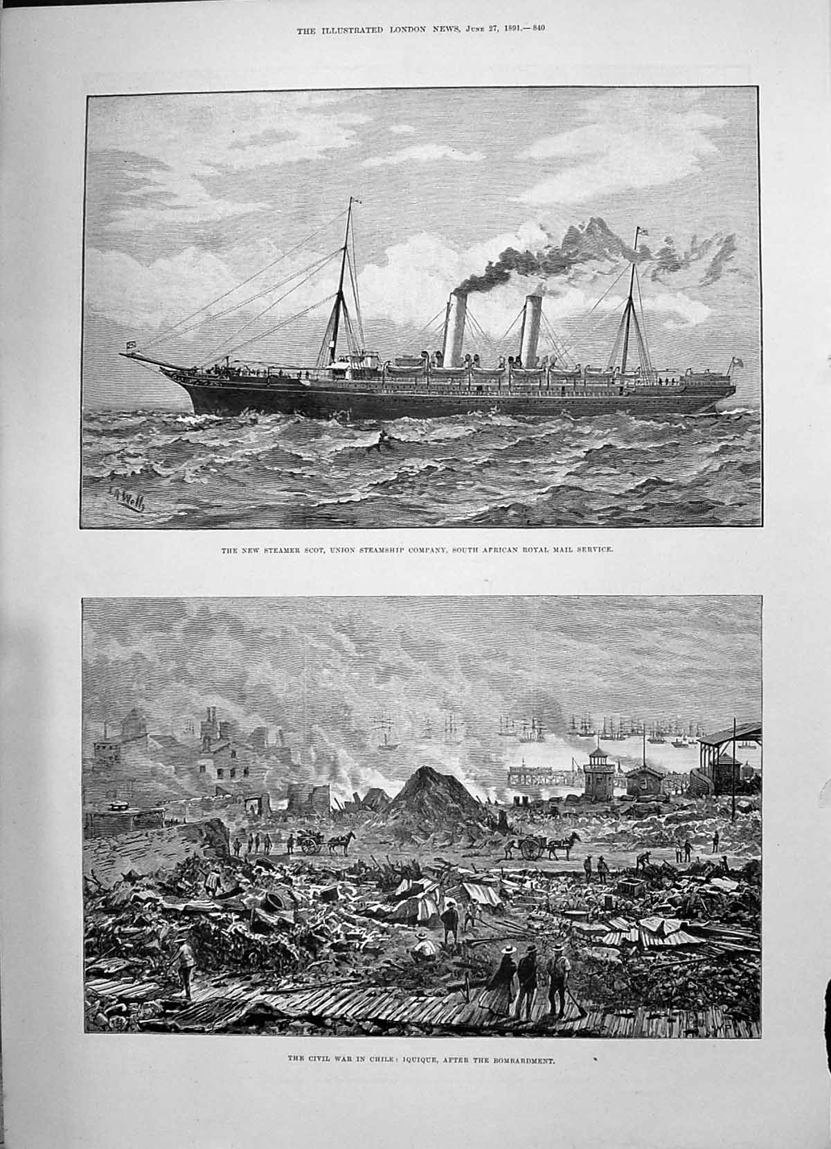 Old 1891 Steamer Ship Scot African Royal Mail War Chile Iquique Giles Victorian