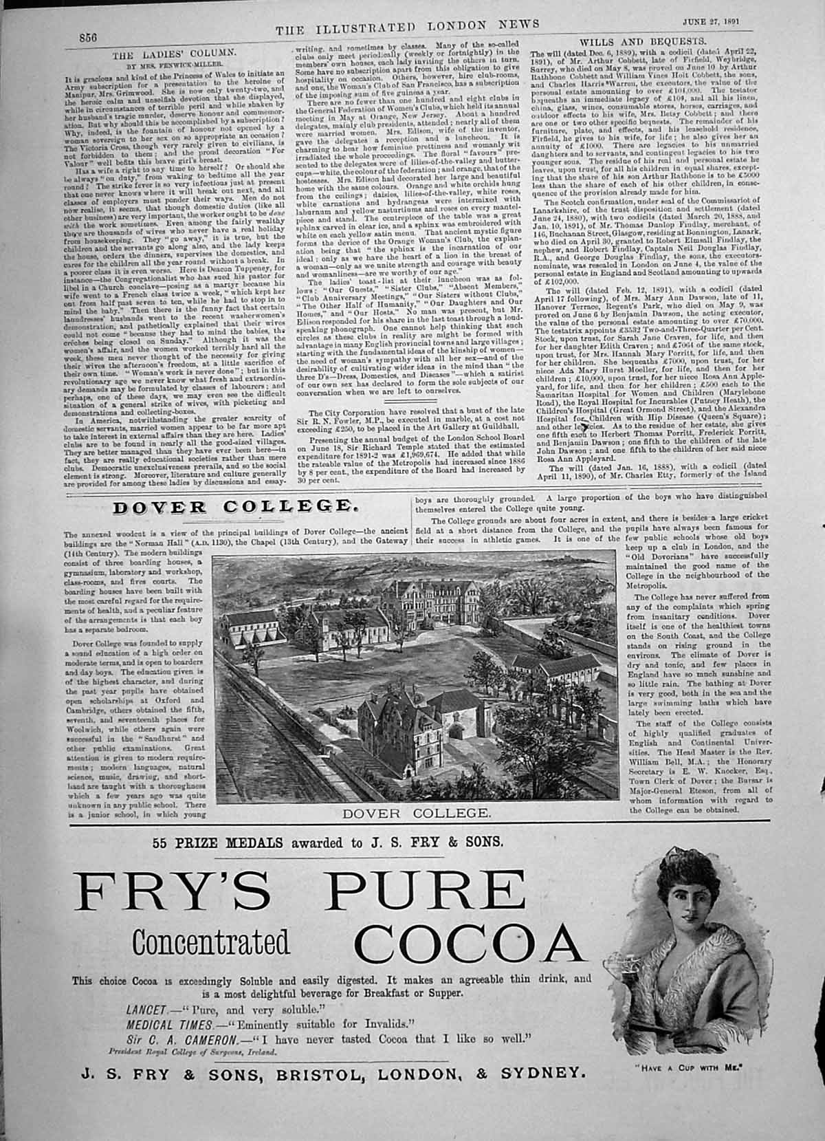 Antique Old Print 1891 Exterior Dover College Architecture Fry'S Pure Cocoa