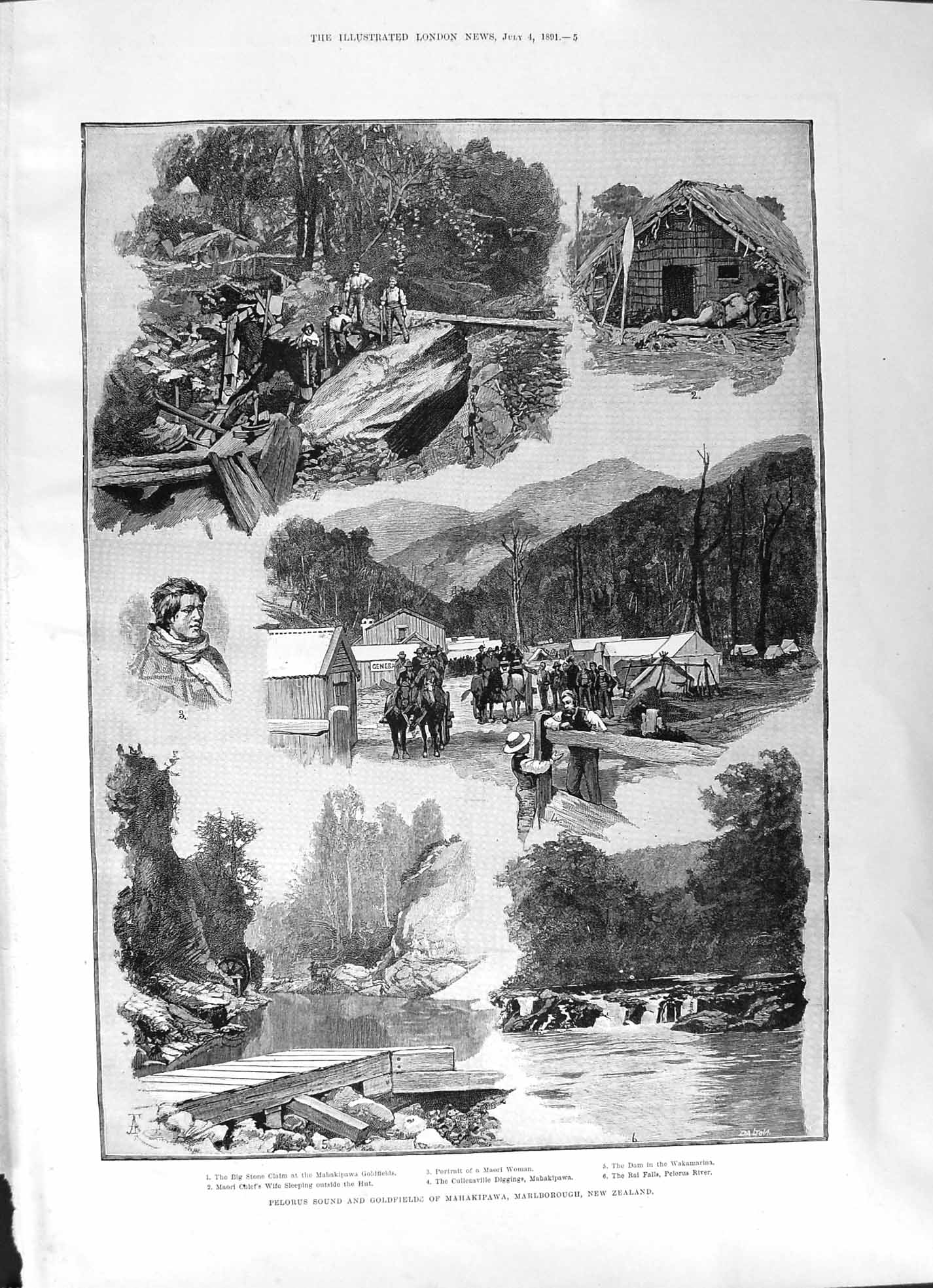 Antique Print 1891 Pelorus Sound Gfields Mahakipawa Marlborough New Zealand