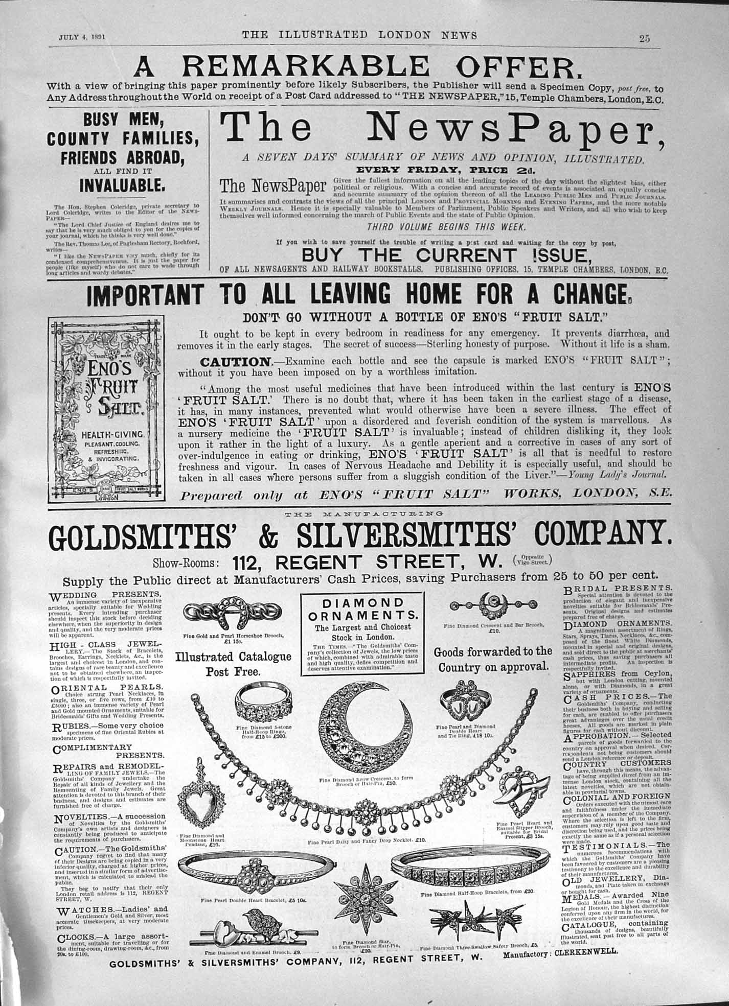 Antique Print 1891 Gsmith'S Silversmith'S Company Eno'S Fruit Salt London 19th