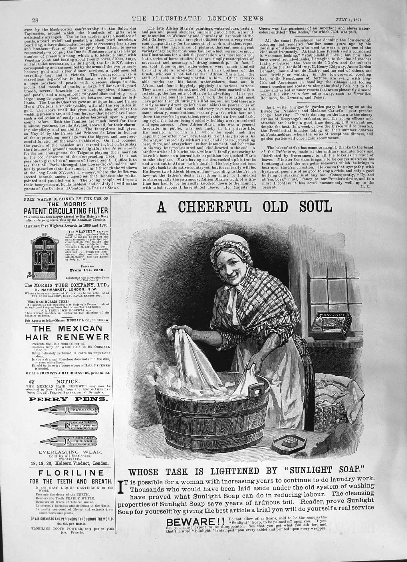 Antique Old Print 1891 Sunlight Soap Floriline Perry Pens Morris Tube Company