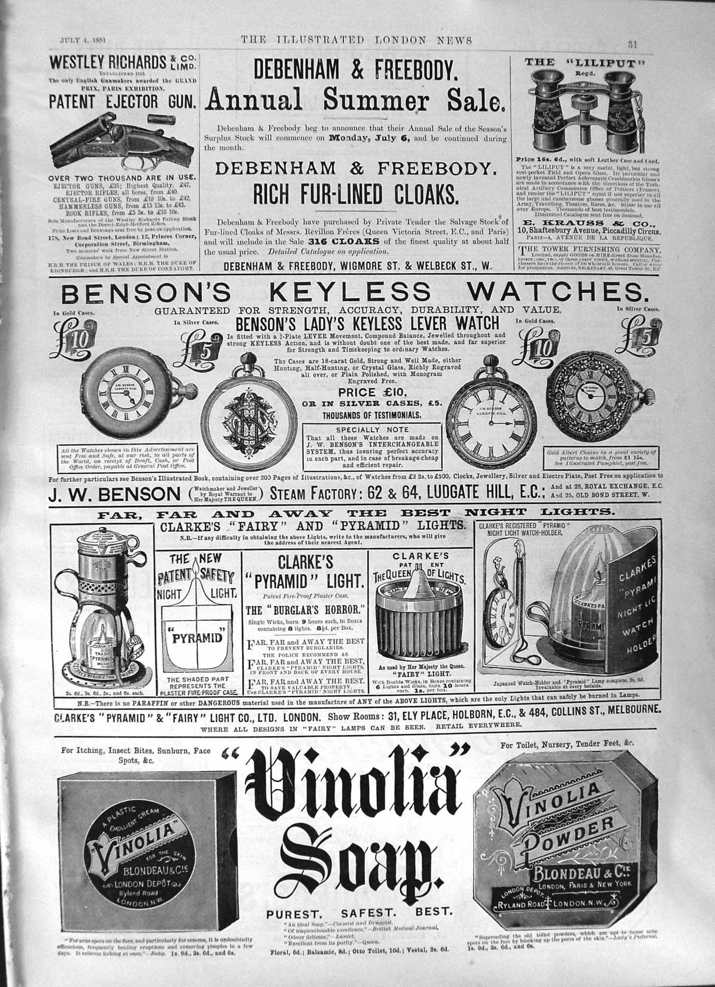 Old 1891 Debenham Freebody Benson'S Watches Vinolia Soap Clarkes Ligh Victorian