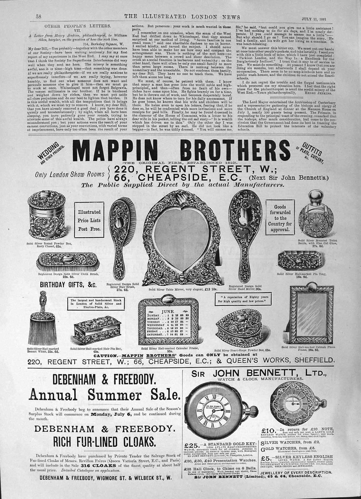 Old 1891 Mappin Brothers Regent Street London Debenham Freebody John Victorian