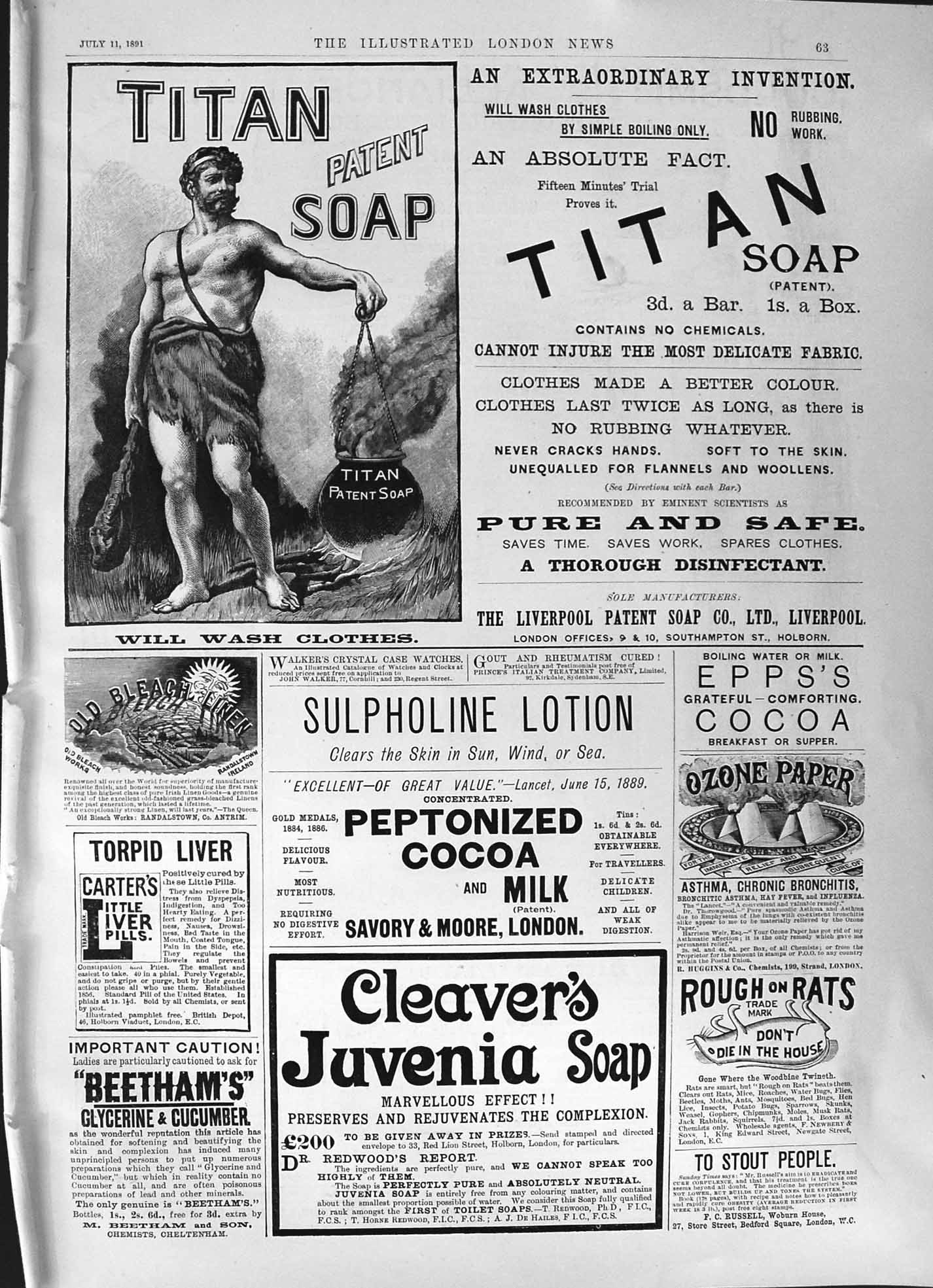 Antique Old Print 1891 Titan Soap Cleaver'S Juvenia Ozone Paper Epps Cocoa 19th