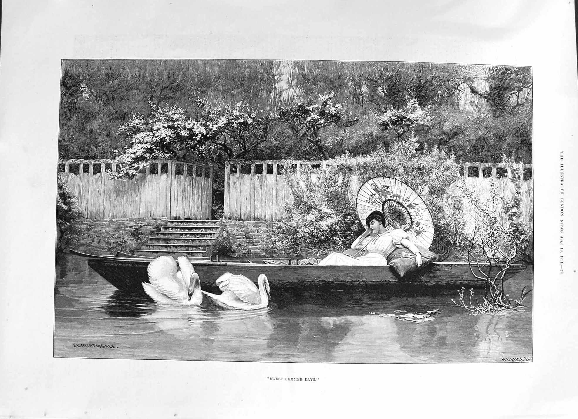 Old 1891 Sweet Summer Days Woman Boat Lake Swans Outdoor Scene Nighti Victorian