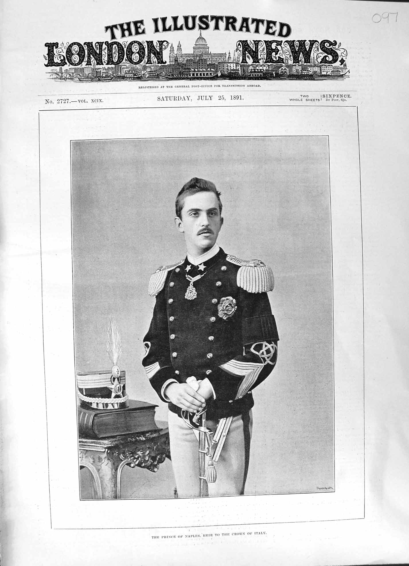 Original Old Antique Print 1891 Naples Prince Italy Crown Heir Portrait Uniform