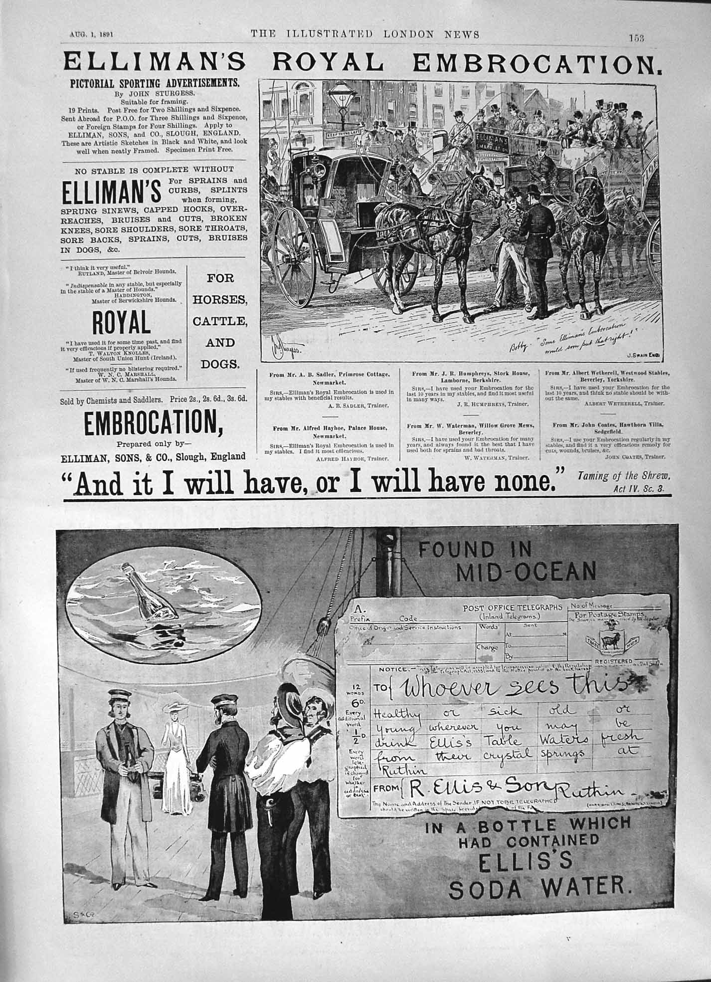 Old Print 1891 Elliman'S Royal Embrocation Horses Swain Ellis Soda Water 19th