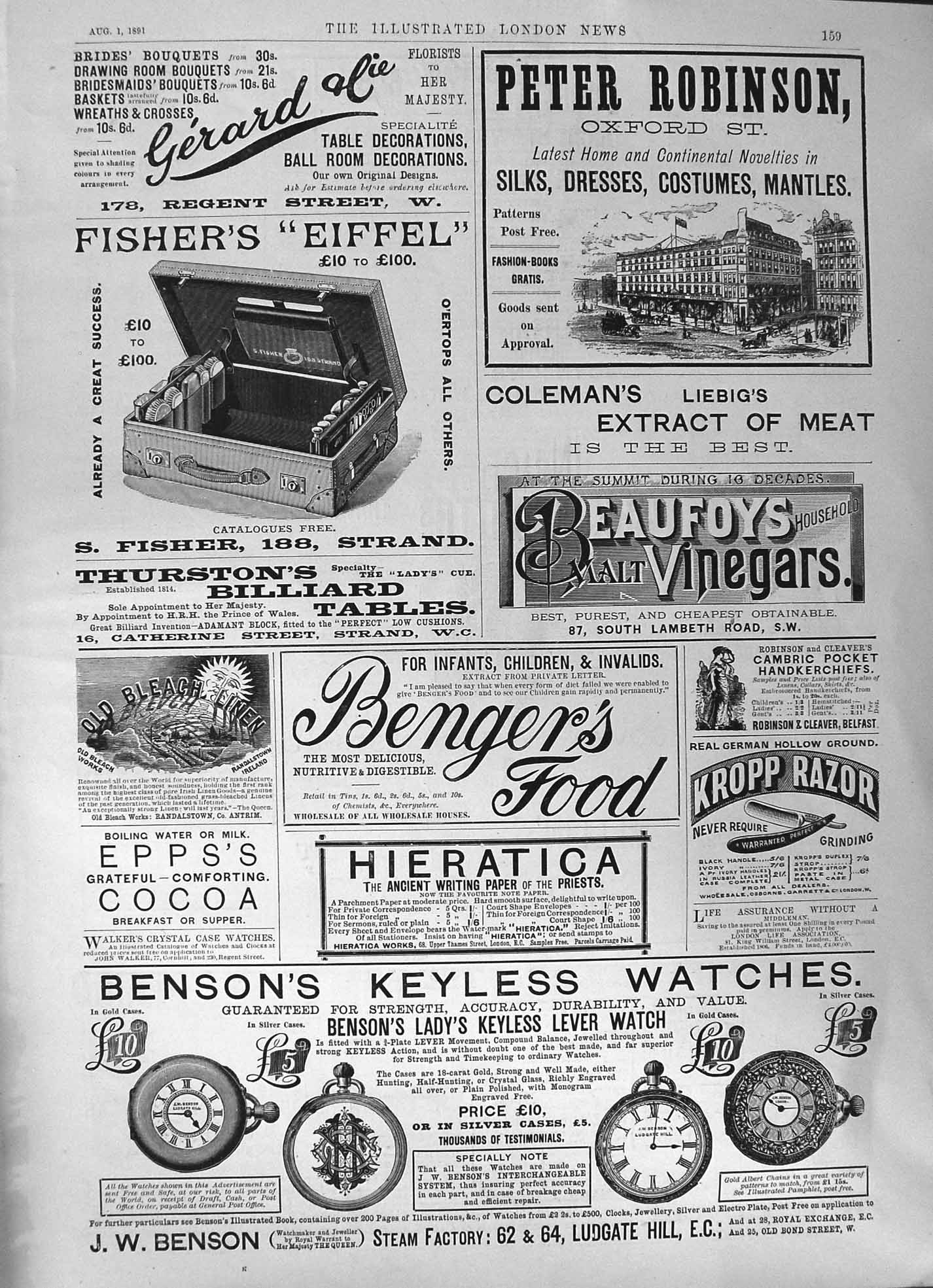 Old Print 1891 Benger Food Beaufoys Benson Watches Clarkes Light Mellin'S 19th