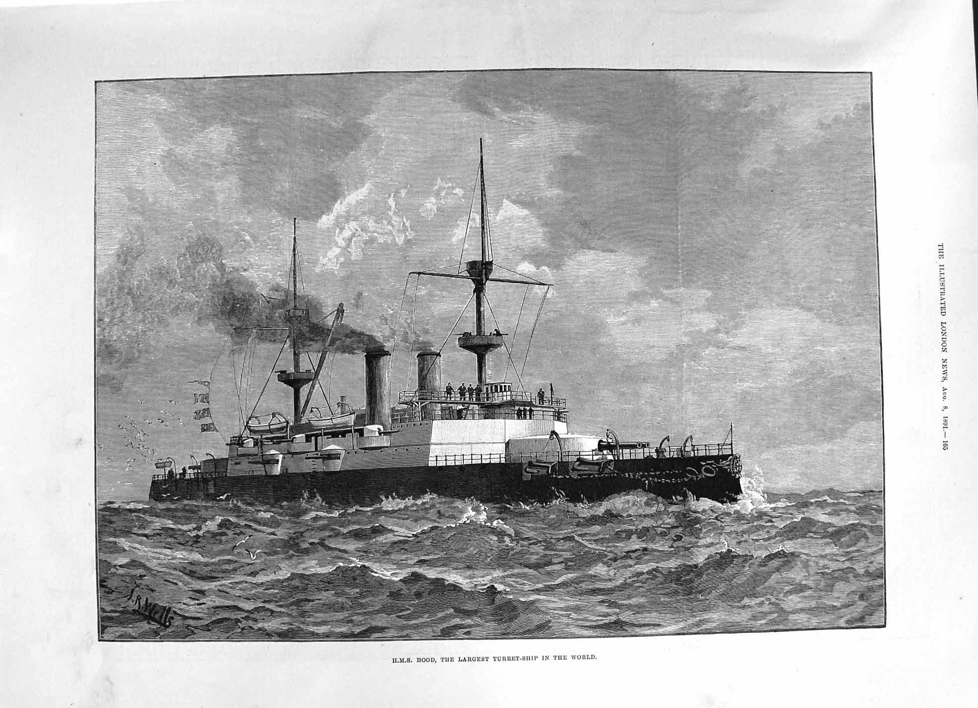 Old 1891 H.M.S. Hood Largest Turret-Ship Wells House Commons Hayden C Victorian