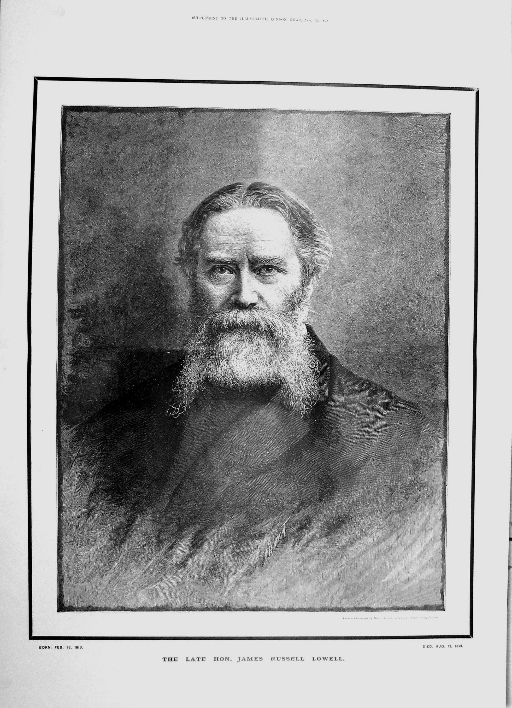 Antique Old Print 1891 Portrait Late Hon. James Russell Lowell Bearded Man