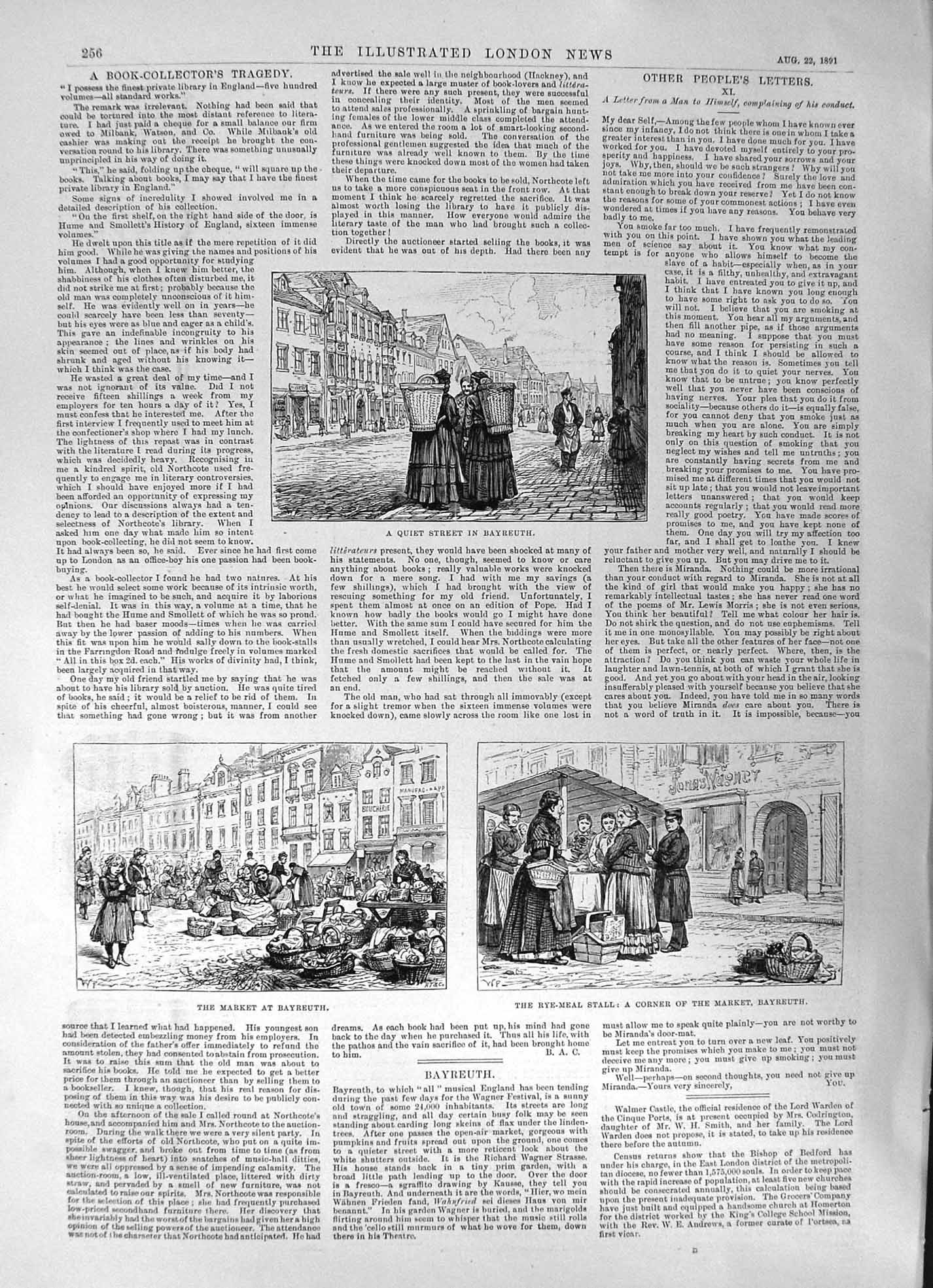 Original Old Antique Print 1891 Street Bayreuth Market Rye-Meal Stall Victorian