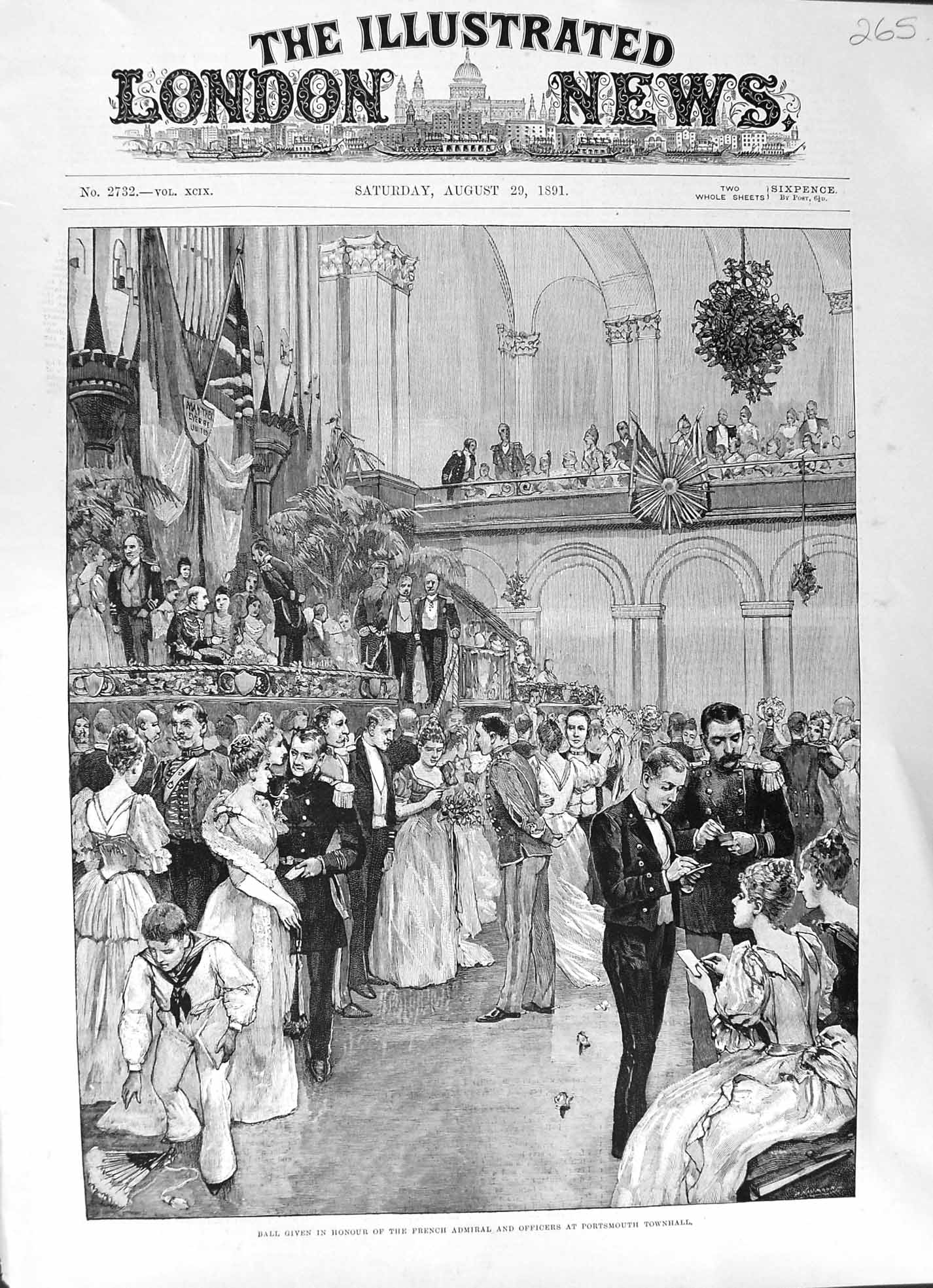 Old Antique Print 1891 French Admiral Officers Portsmouth Townhall Ball 19th