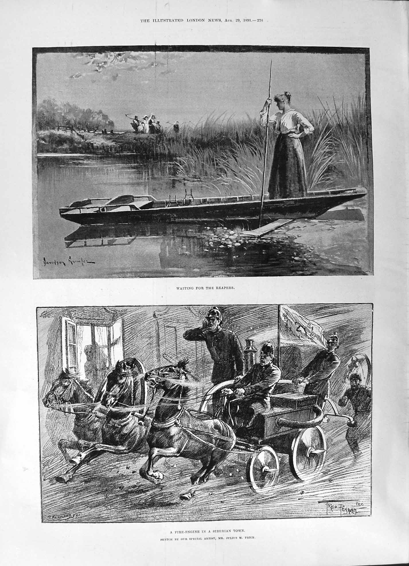 Old 1891 Reaping Harvest River Boat Fire-Engine Siberian Town Sketch Victorian