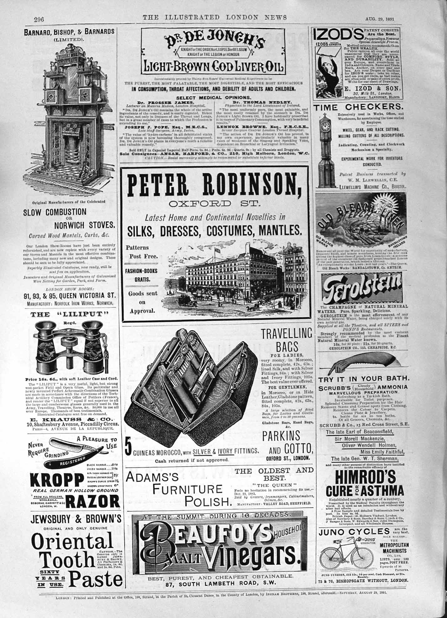 Old Print 1891 Peter Robinson Beaufoys Malt Vinegars Oriental Tooth Paste 19th
