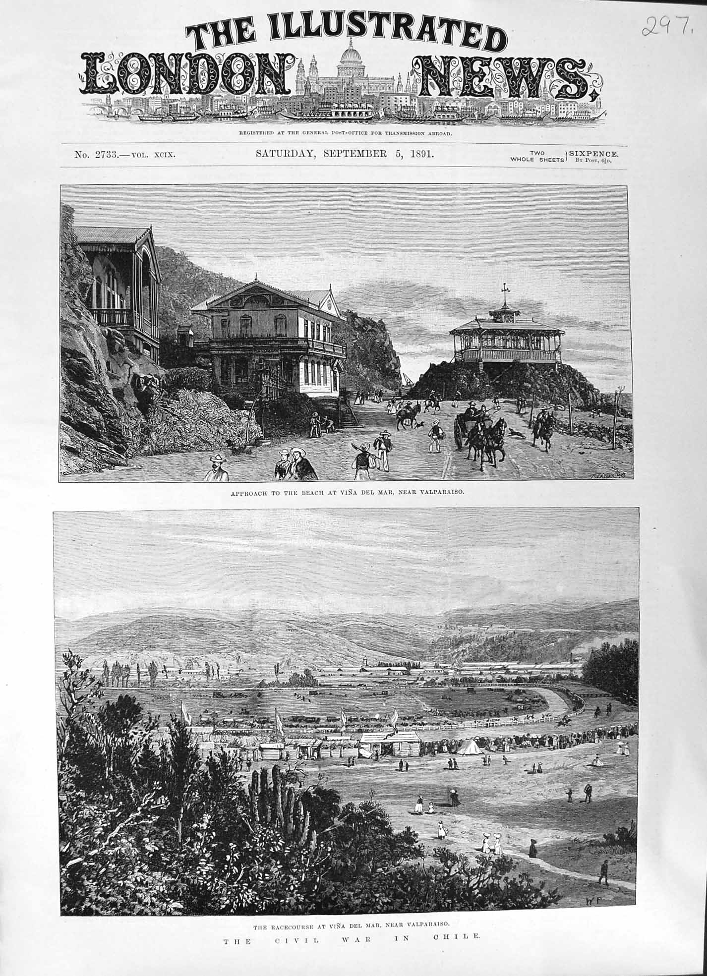 Antique Old Print 1891 Chile Civil War Valparaiso Beach Scene Vina Del Mar Rac