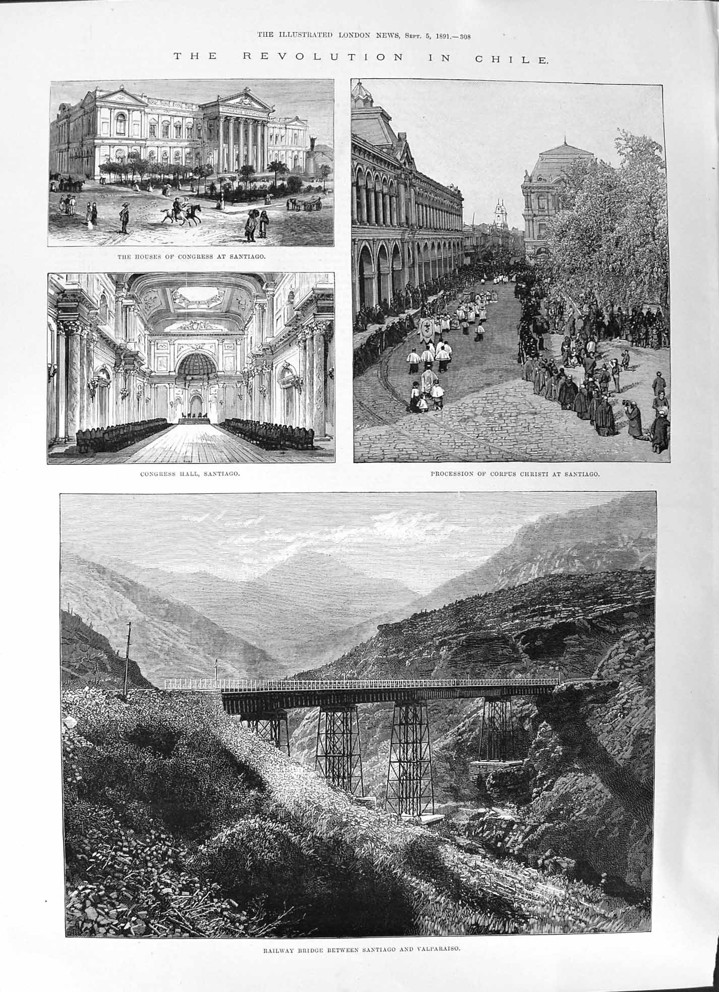 Print 1891 Chile Revolution Congress Santiago Hall Corpus Christi Railway Bridg