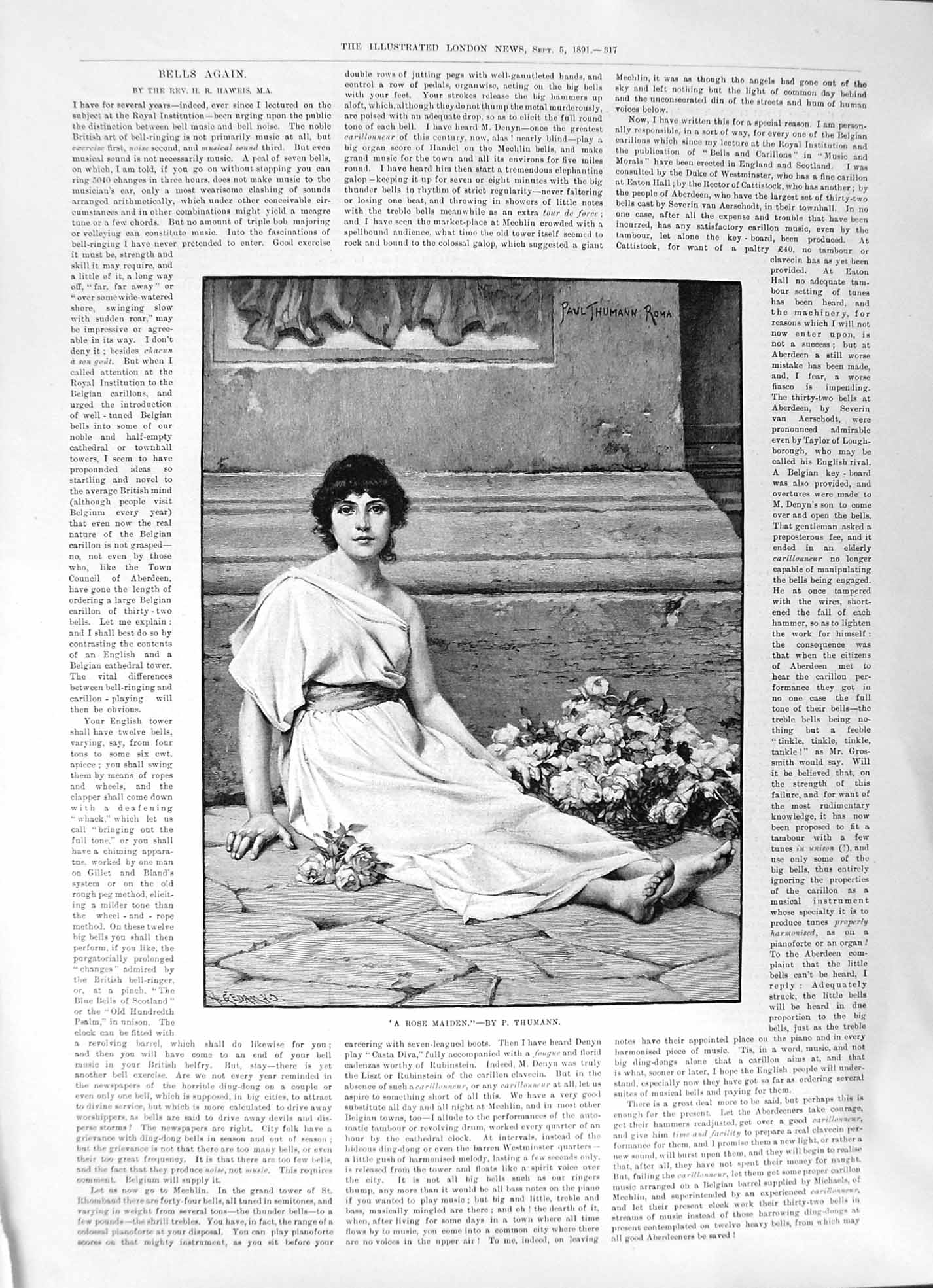 Original Old Antique Print 1891 Rose Maiden Paul Thumann Portrait Young Woman