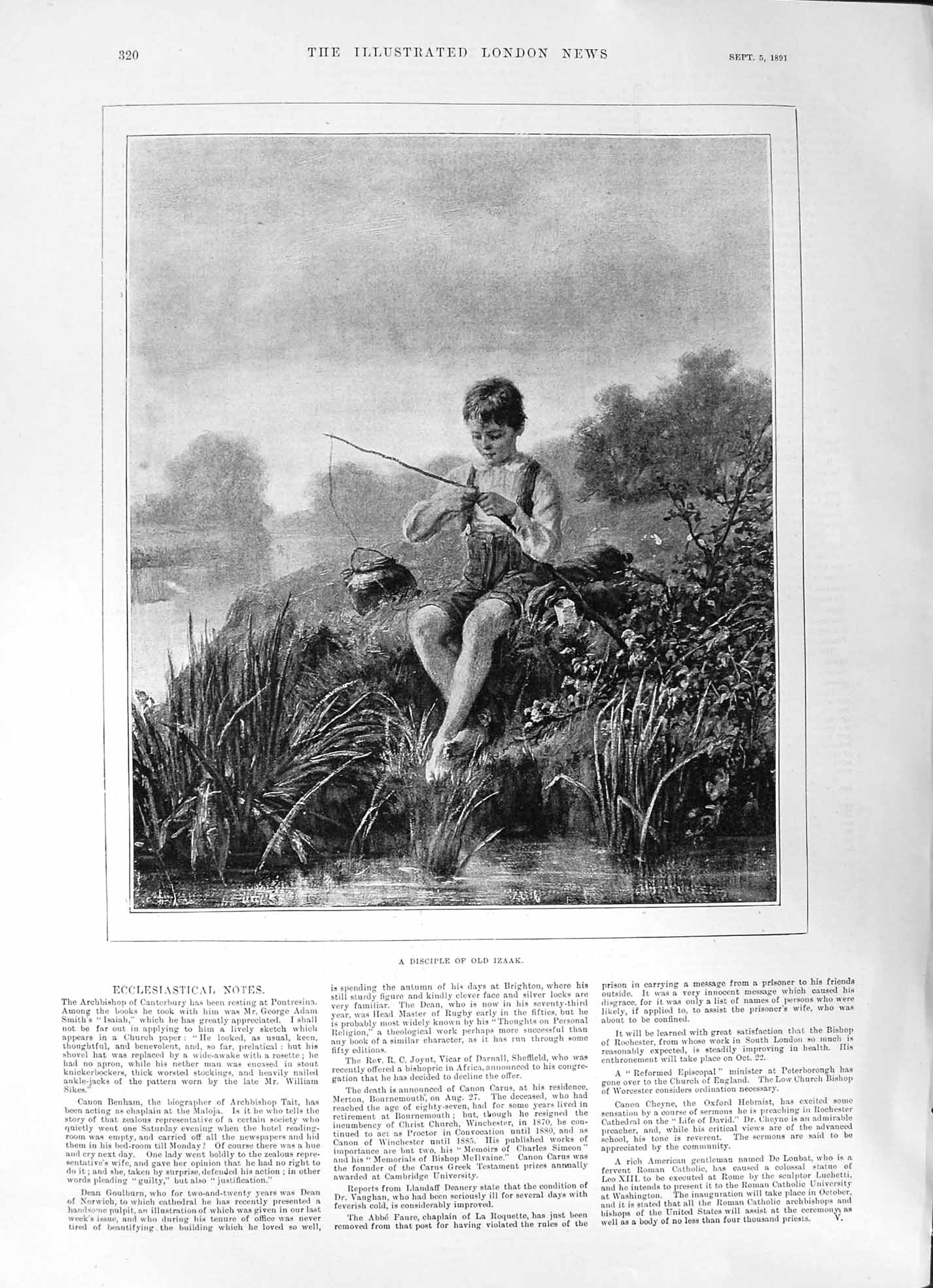 Old Antique Print 1891 Disciple Izaak Outdoors Portrait Young Boy Fishing 19th