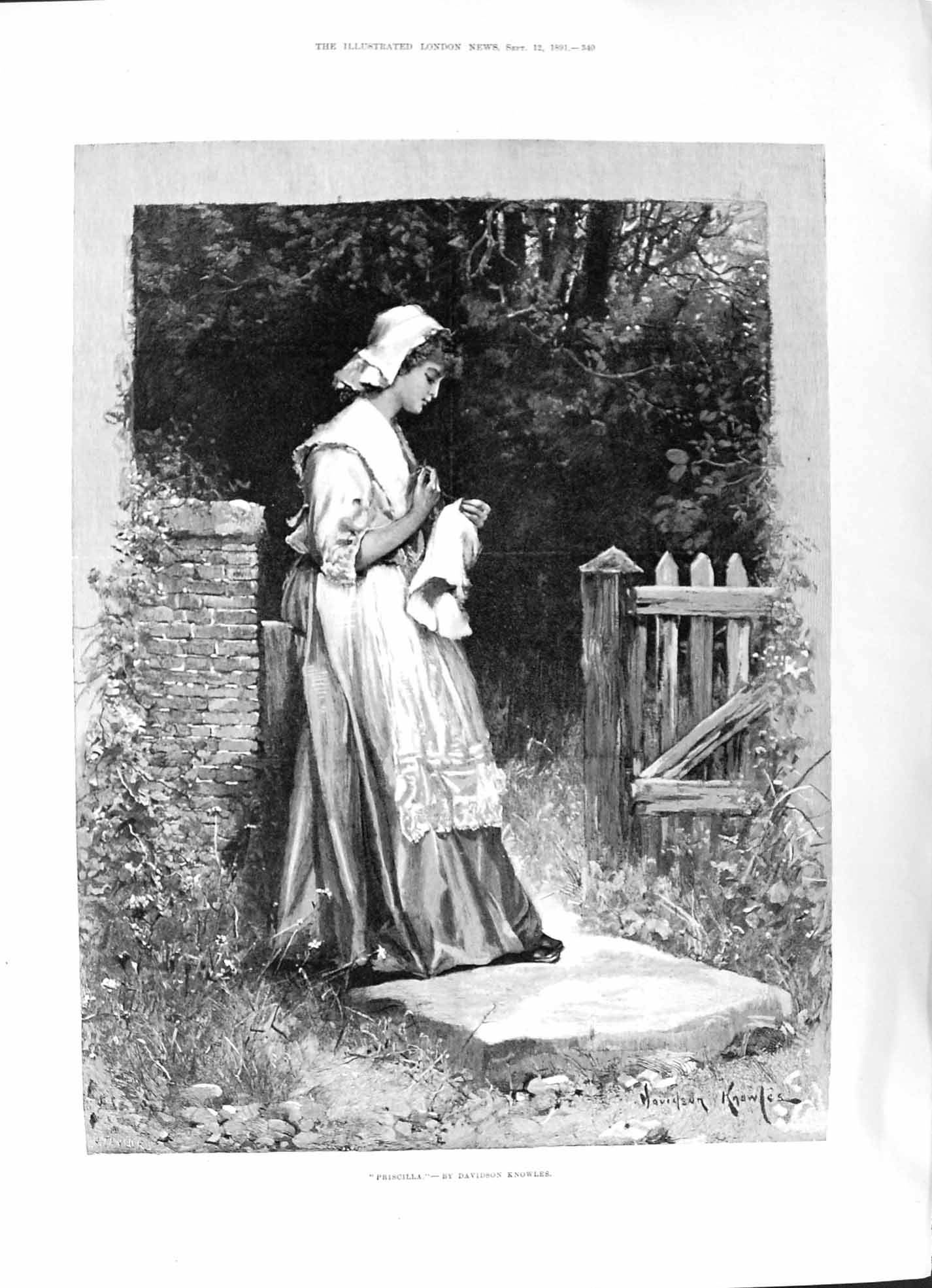 Original Old Antique Print 1891 Woman Priscilla Outdoor Scene Davidson Knowles