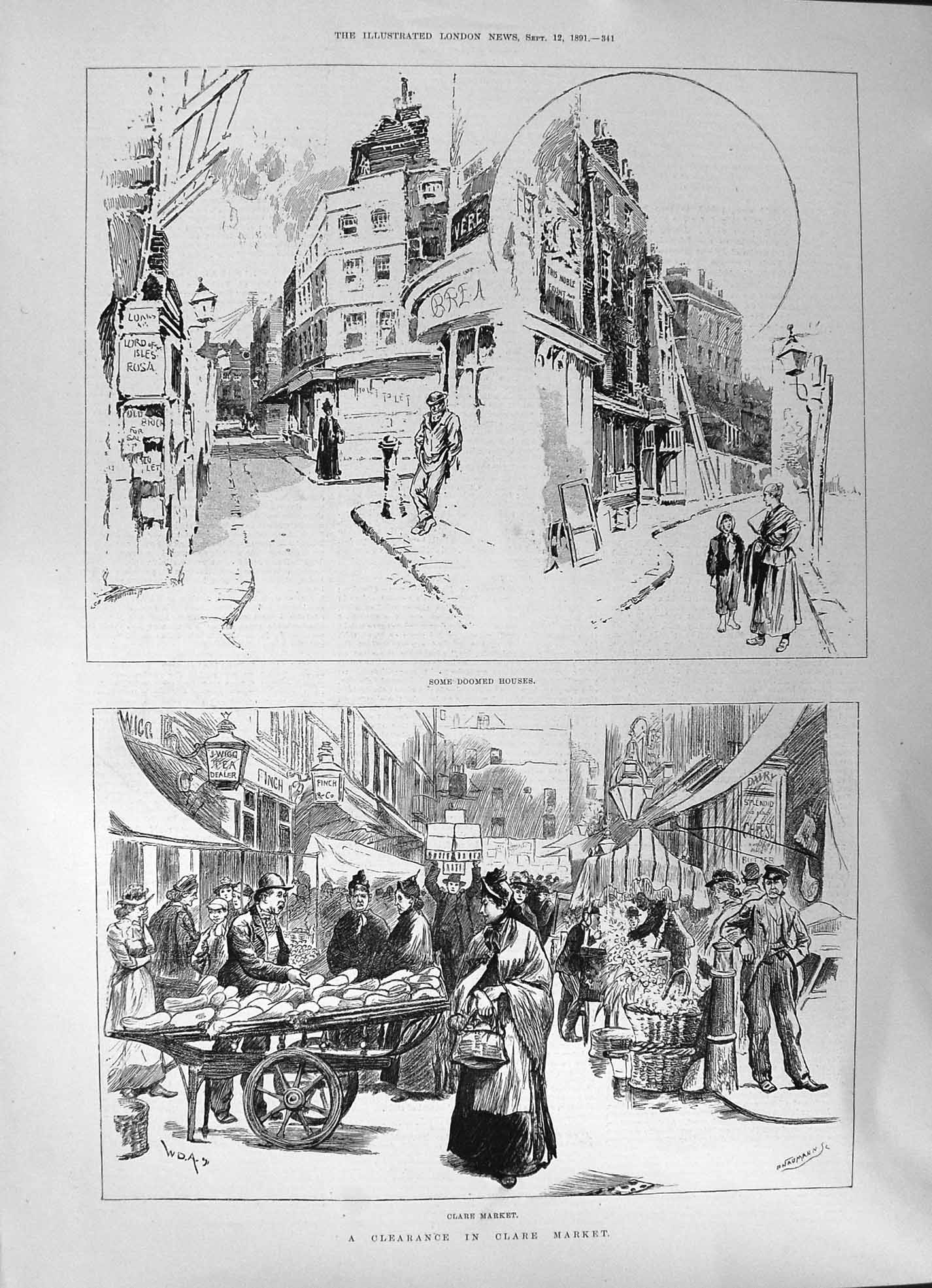 Antique Print 1891 Clare Market Clearance Doomed Houses Men Women Children 19th