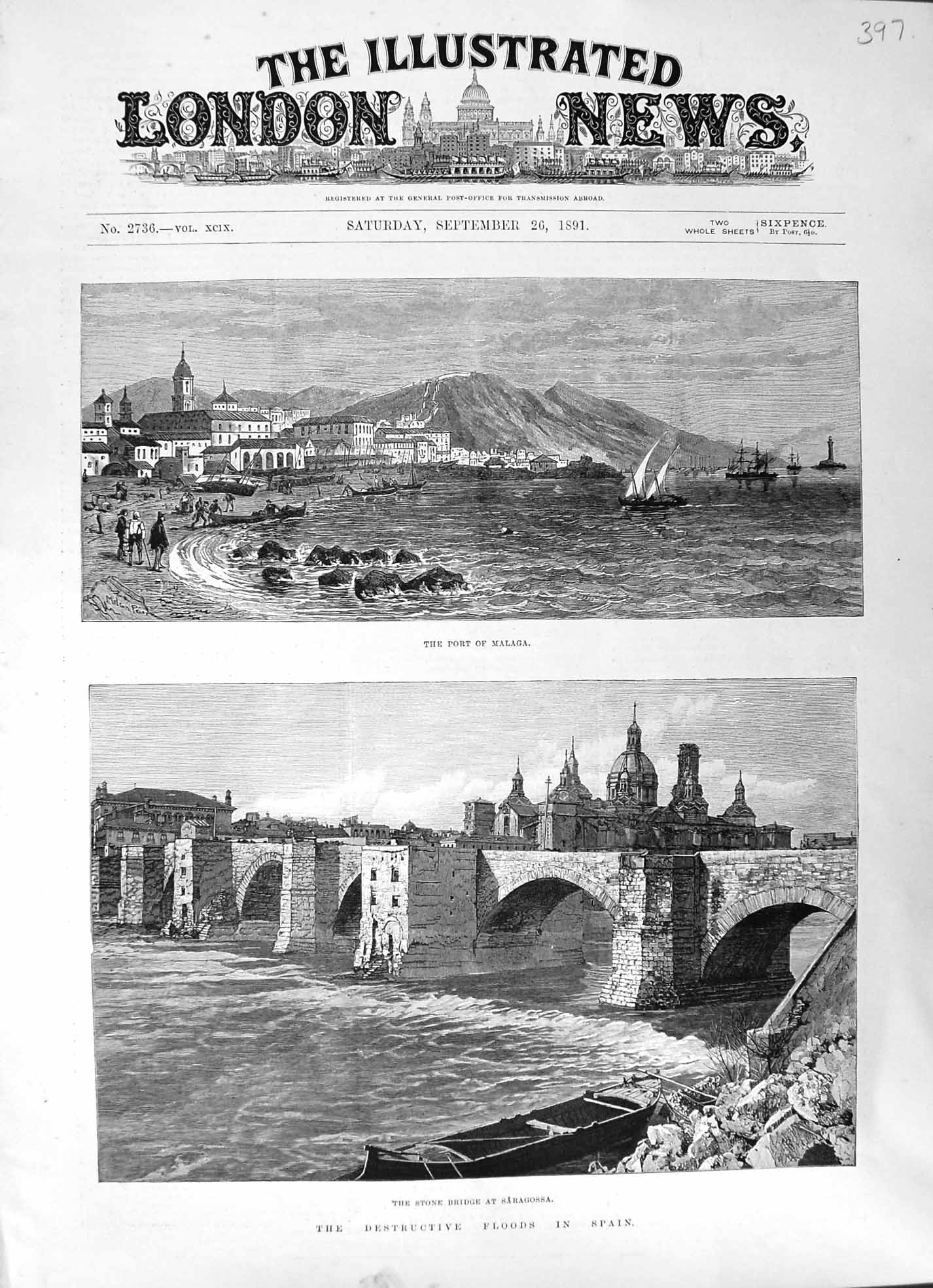 Antique Old Print 1891 Malaga Port Saragossa Stone Bridge Spain Destructive 19th