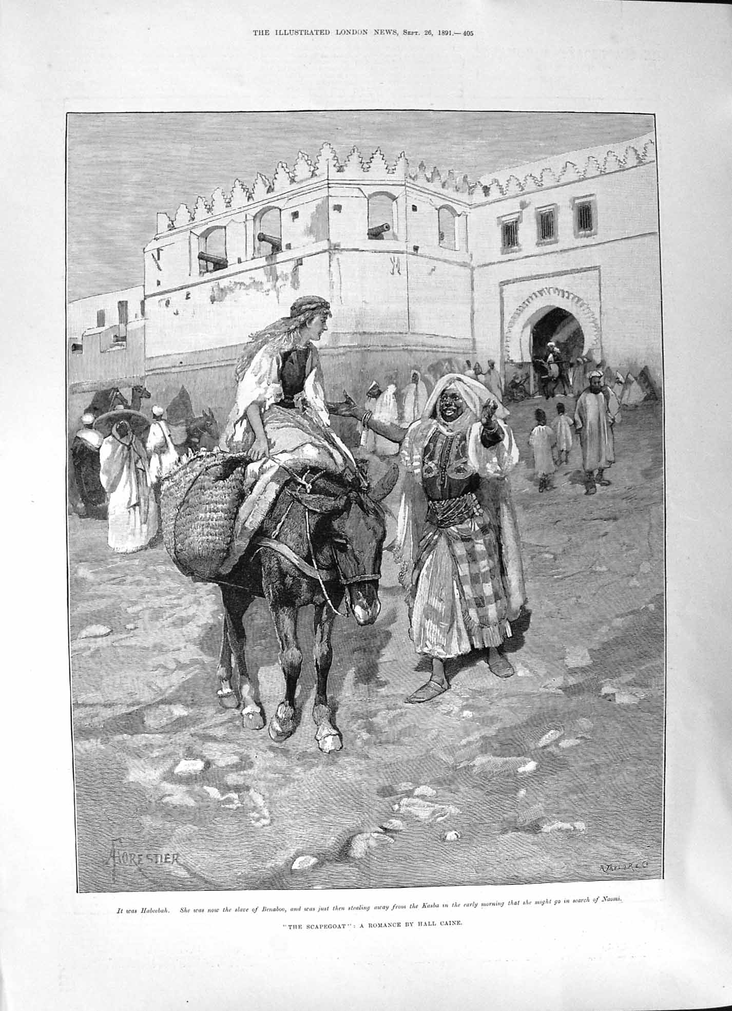 Antique Print 1891 Scapegoat Romance Hall Caine Forestier Donkey Woman Man 19th