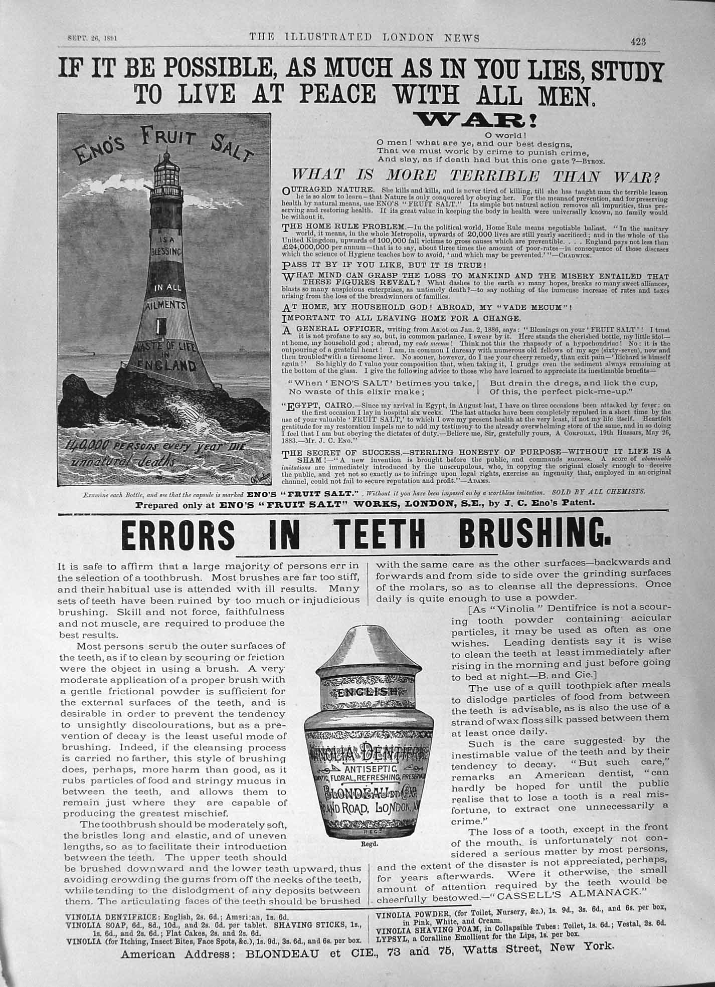 Antique Print 1891 Eno'S Fruit Salt London Teeth Brushing Blondeau New York