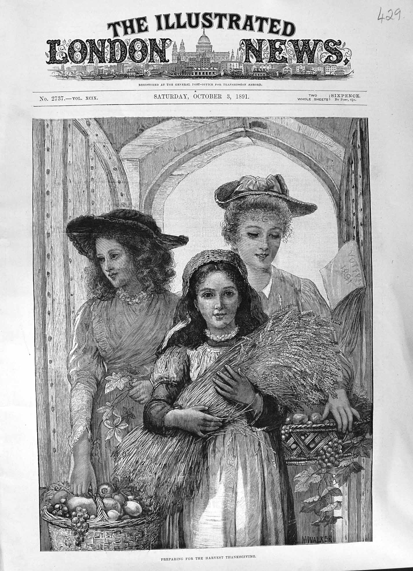 Antique Old Print 1891 Women Children Harvest Thanksgiving Preparing Walker