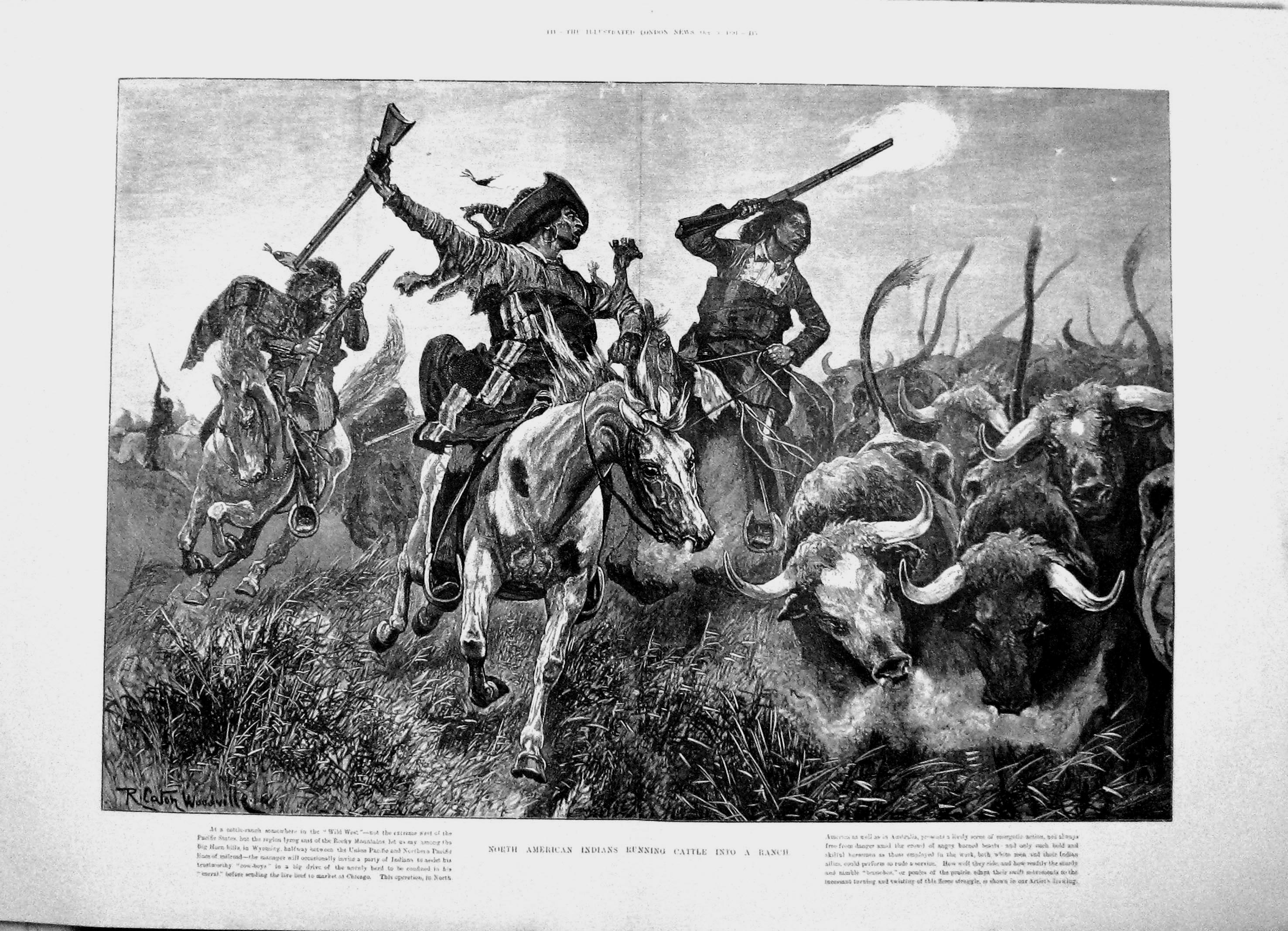 Old 1891 North American Indians Running Cattle Into Ranch Horses Weap 19th