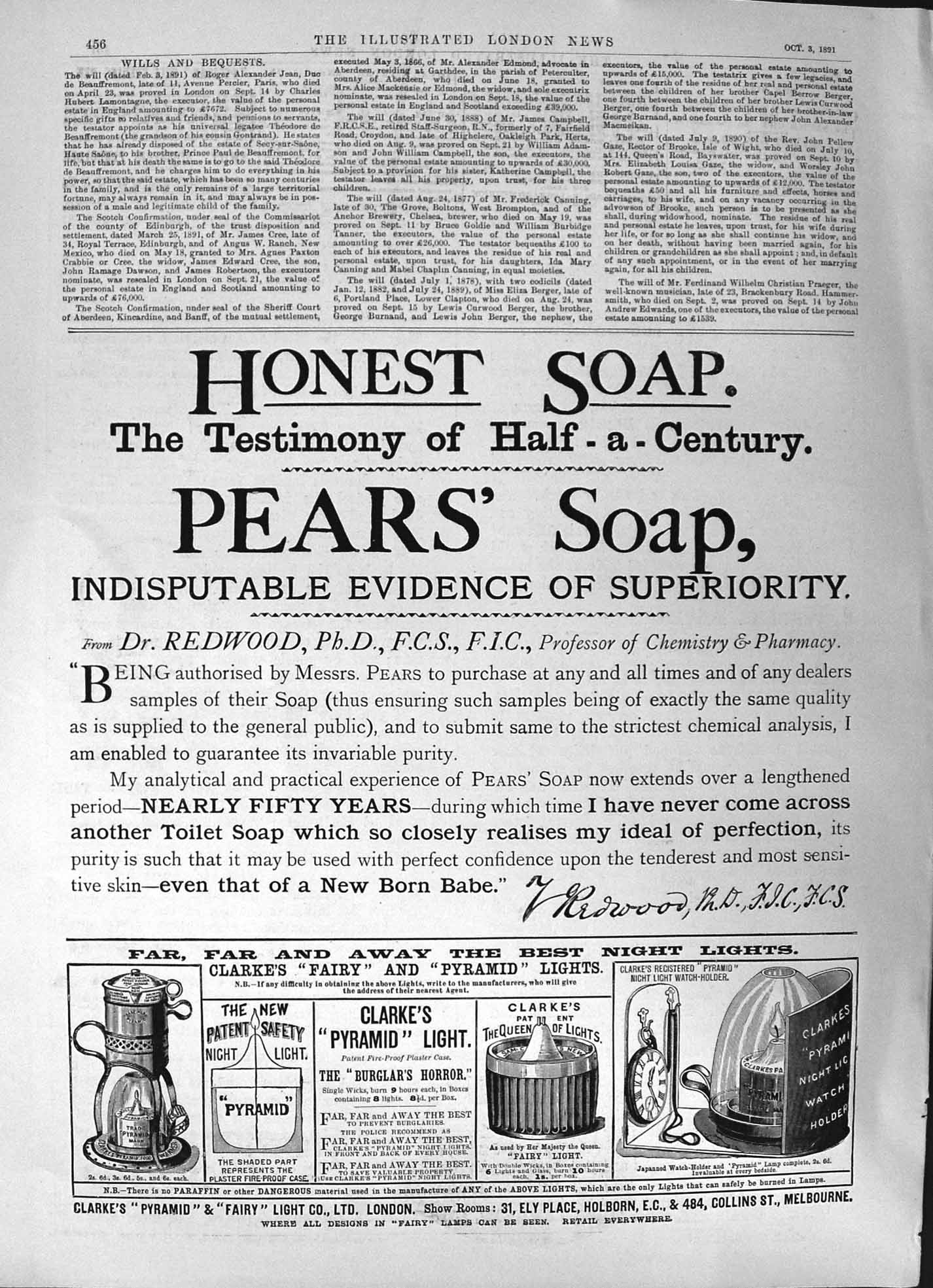 Antique Print 1891 Pears' Soap Redwood Clarke'S Pyramid Light Fairy London 19th