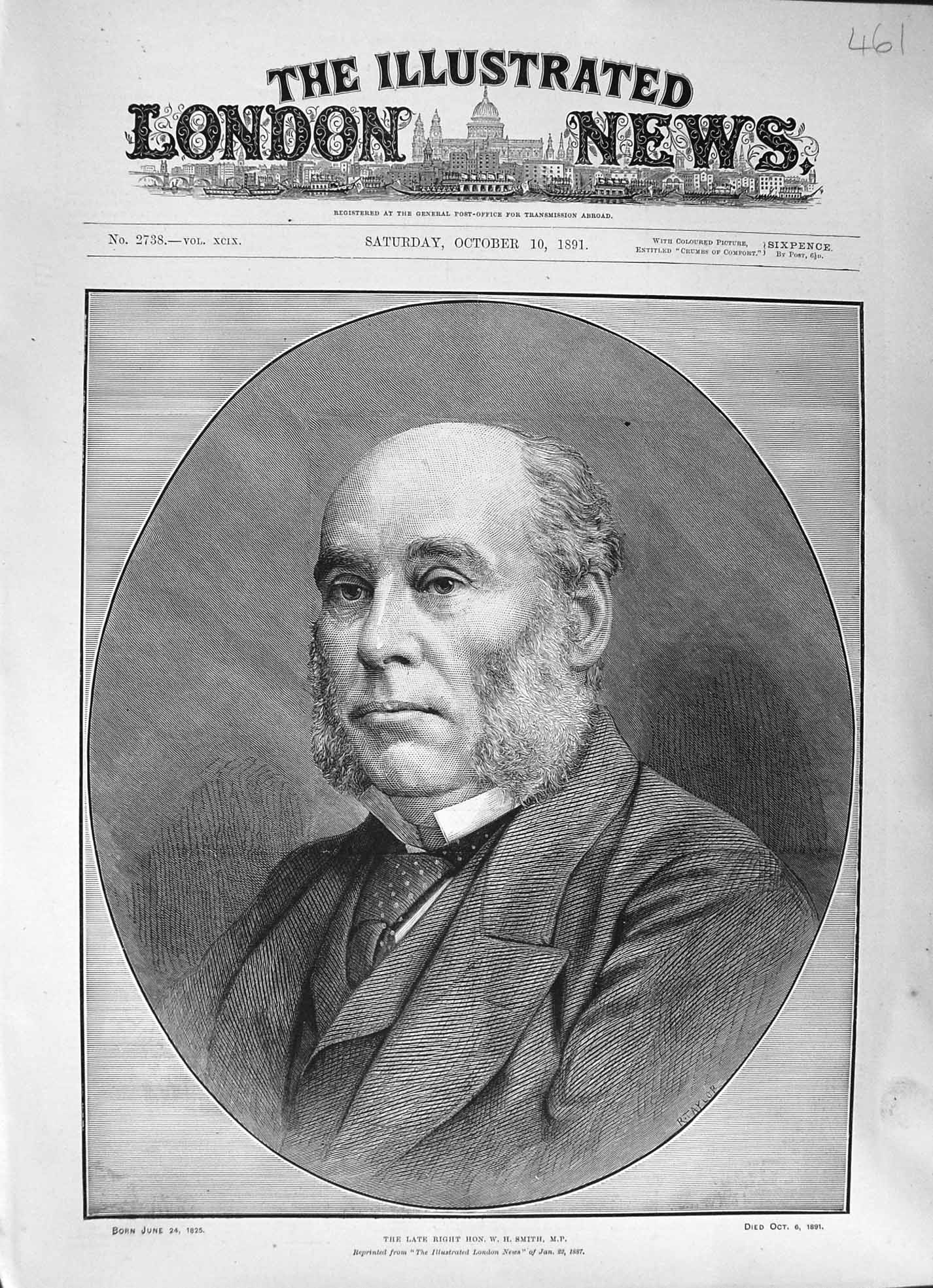 Original Old Antique Print 1891 Right Hon Smith M.P. Portrait Taylor Victorian