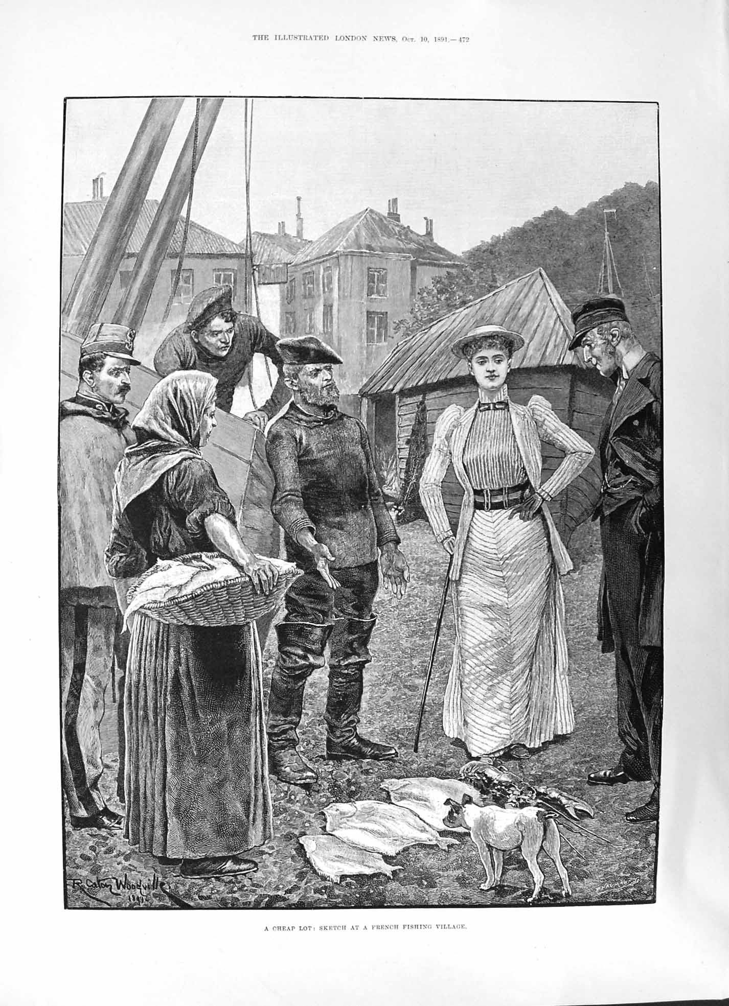 Old 1891 Woodville Sketch Cheap Lot French Fishing Village Women Men Victorian