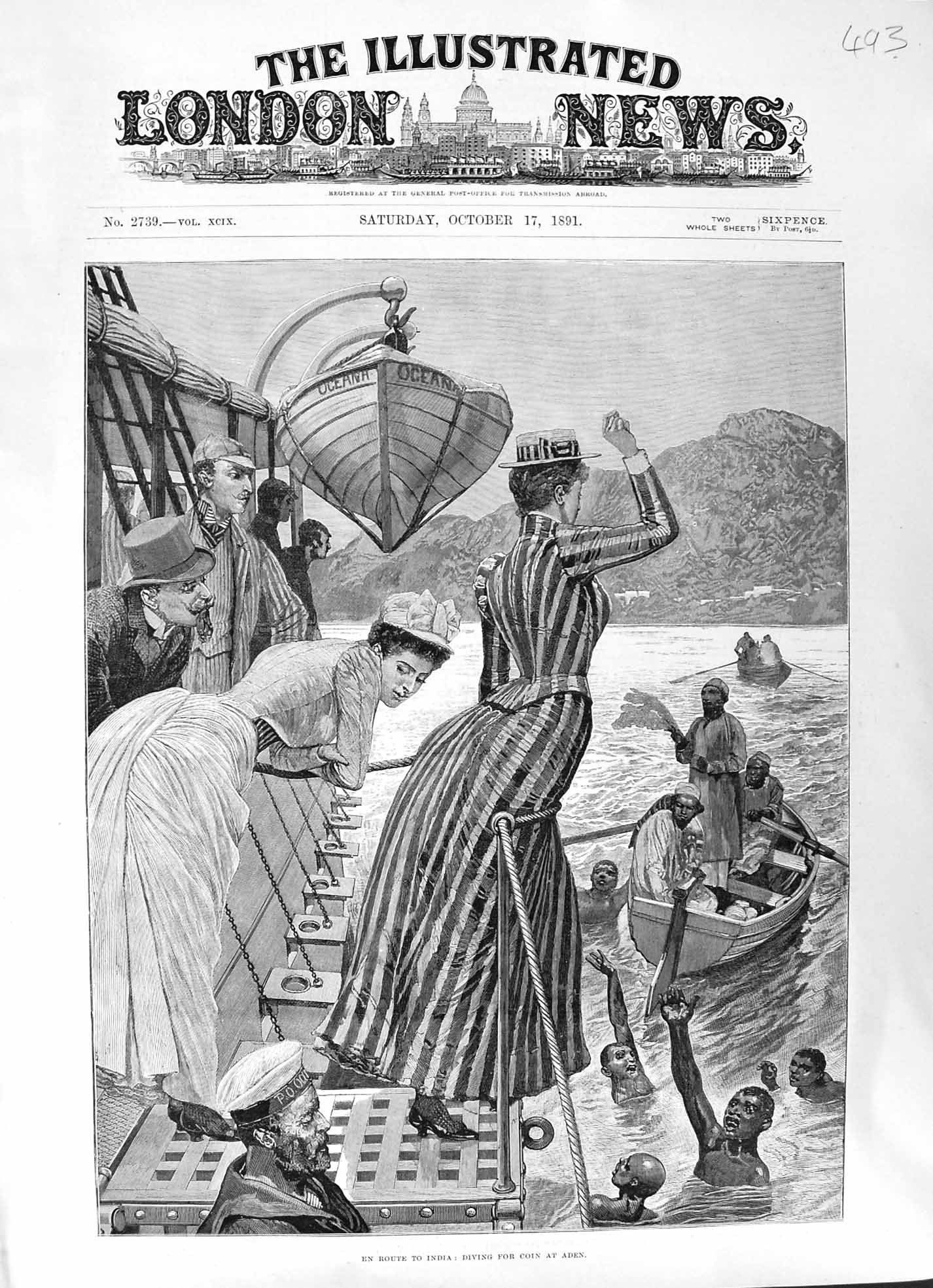 Original Old Antique Print 1891 India Ship Diving For Coin Aden Boat Women Men