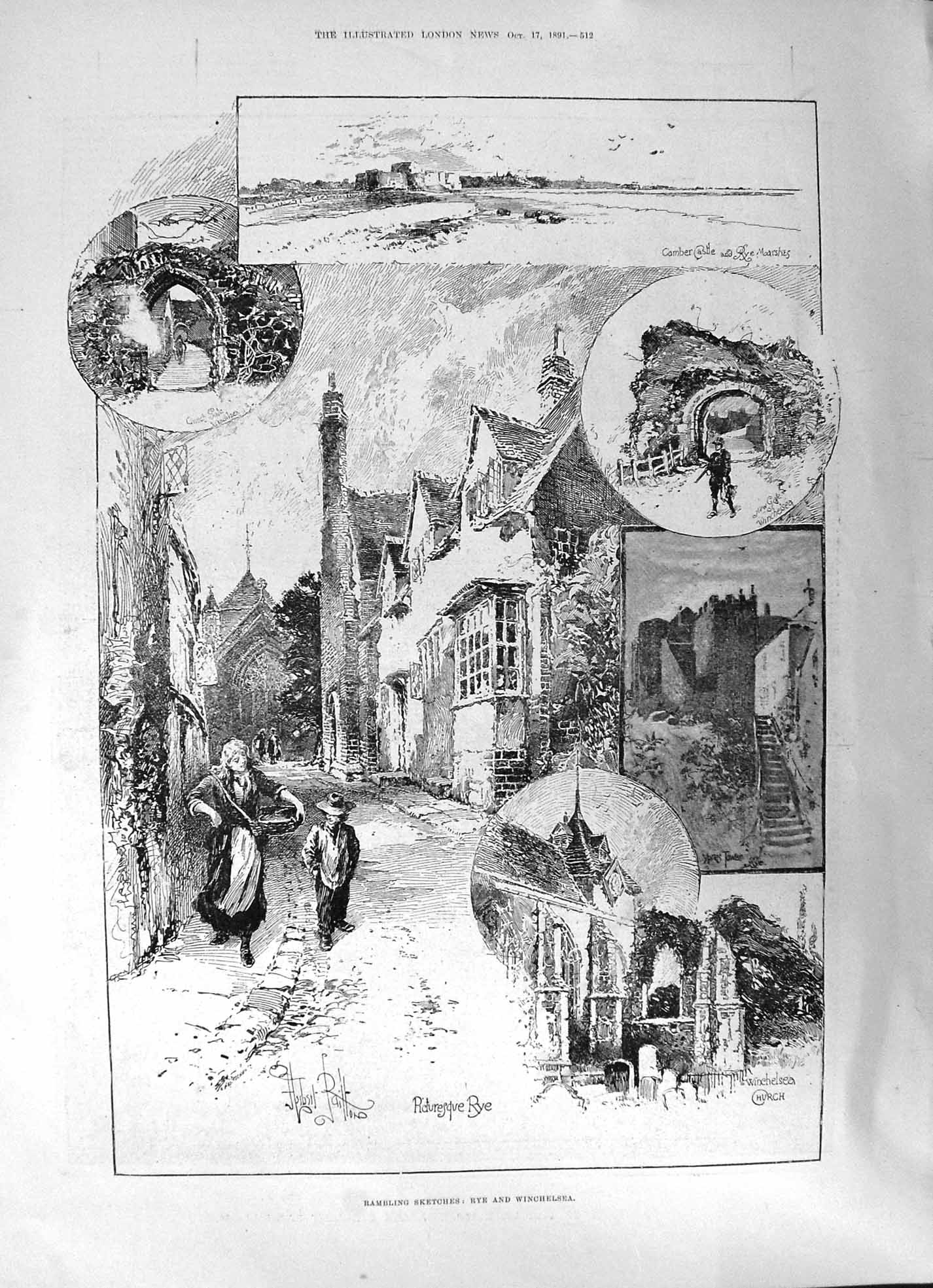 Old 1891 Sketches Rye Winchelsea Charles Parnell Dublin Scene Procession 19th