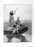 Old Antique Print 1891 Family Mother Children Market St Omer River Boat 19th