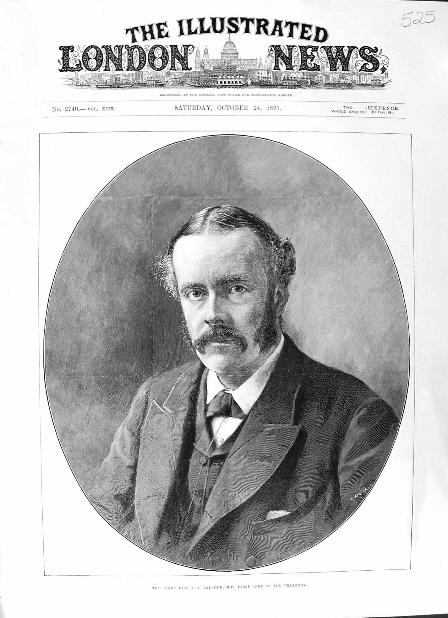 Original Old Antique Print 1891 Portrait Right Hon Balfour First Treasury Lord