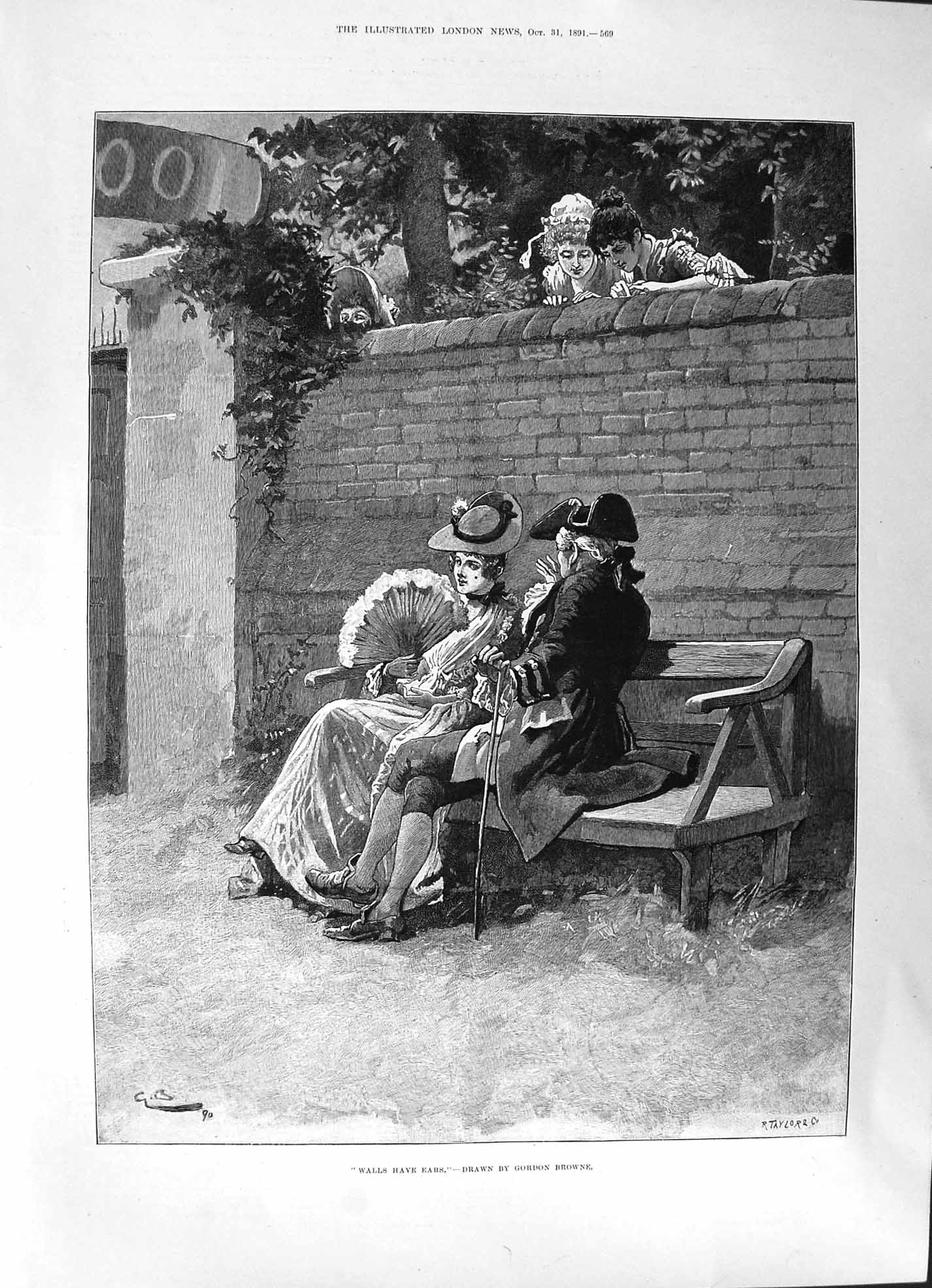 Old 1891 Drawing Gordon Browne Woman Man Outdoor Scene Wall Spying Ro Victorian
