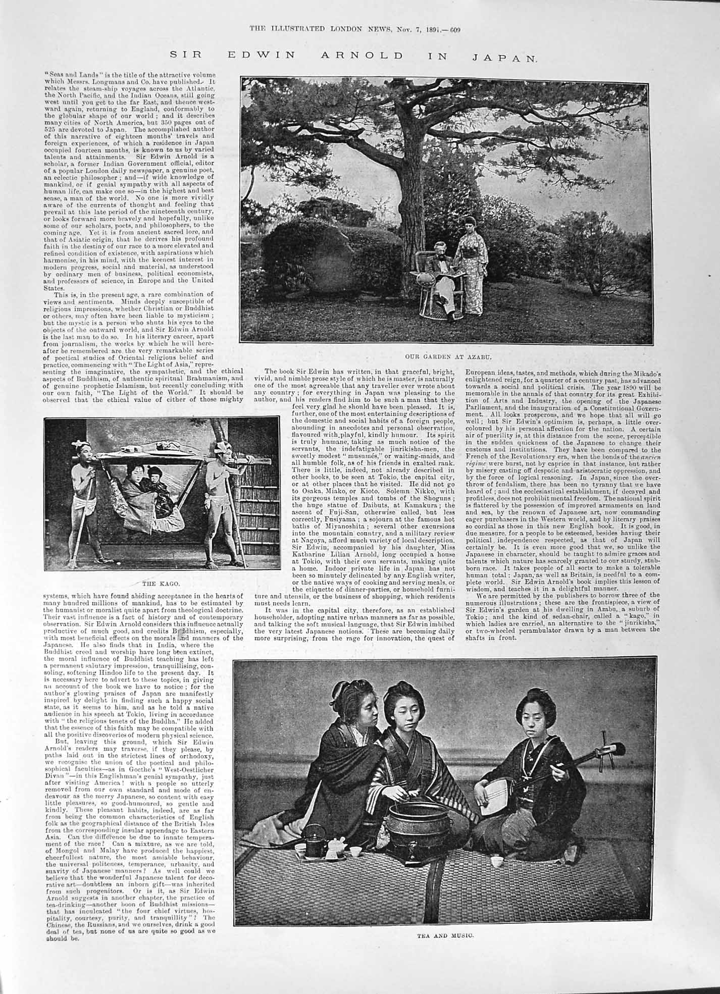 Original Old Antique Print 1891 Sir Edwin ArnJapan Azabu Garden Kago Tea Music