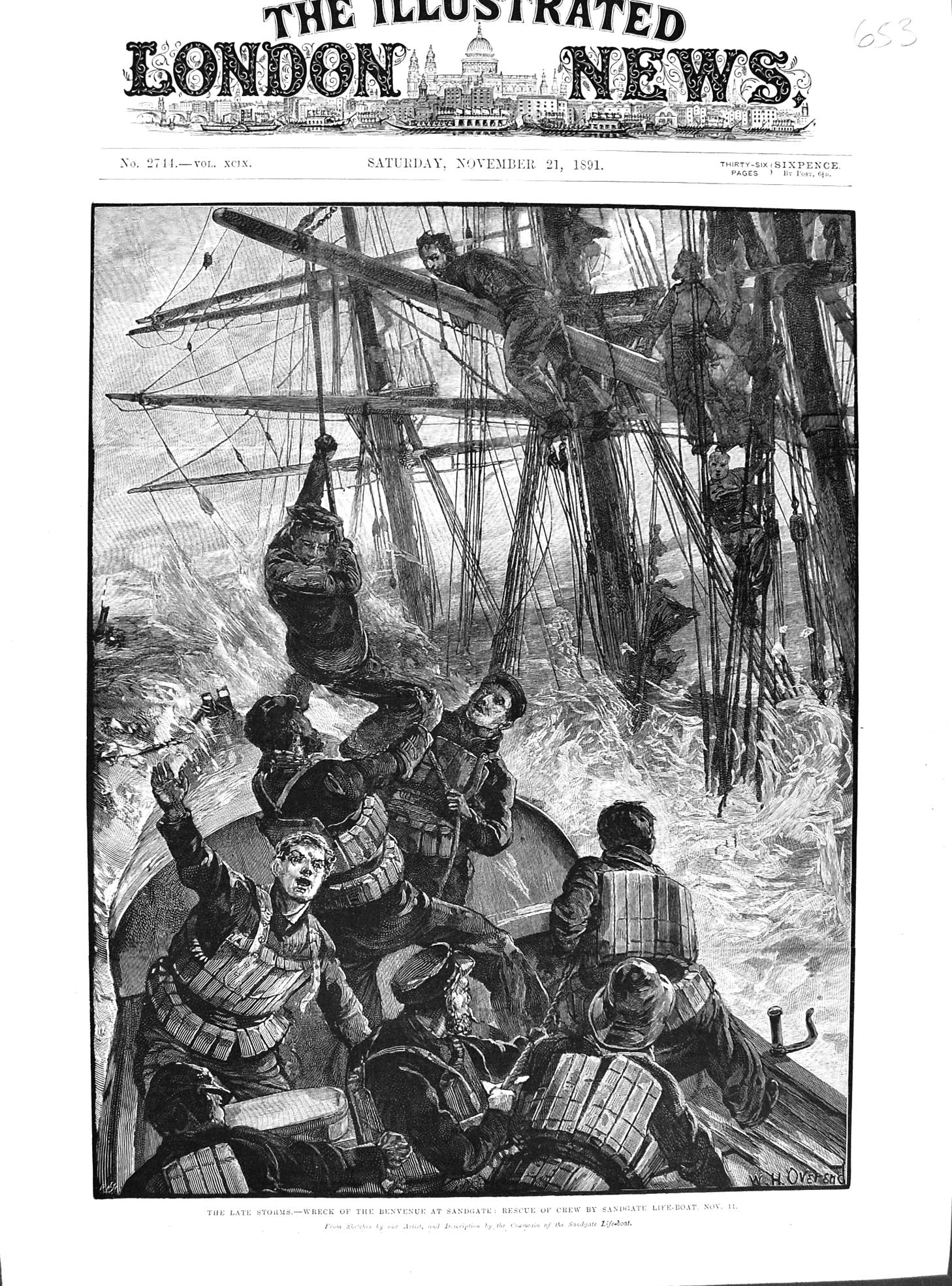 Original Old Antique Print 1891 Sea Storm Wreck Benvenue Sandgate Crew Rescue Li