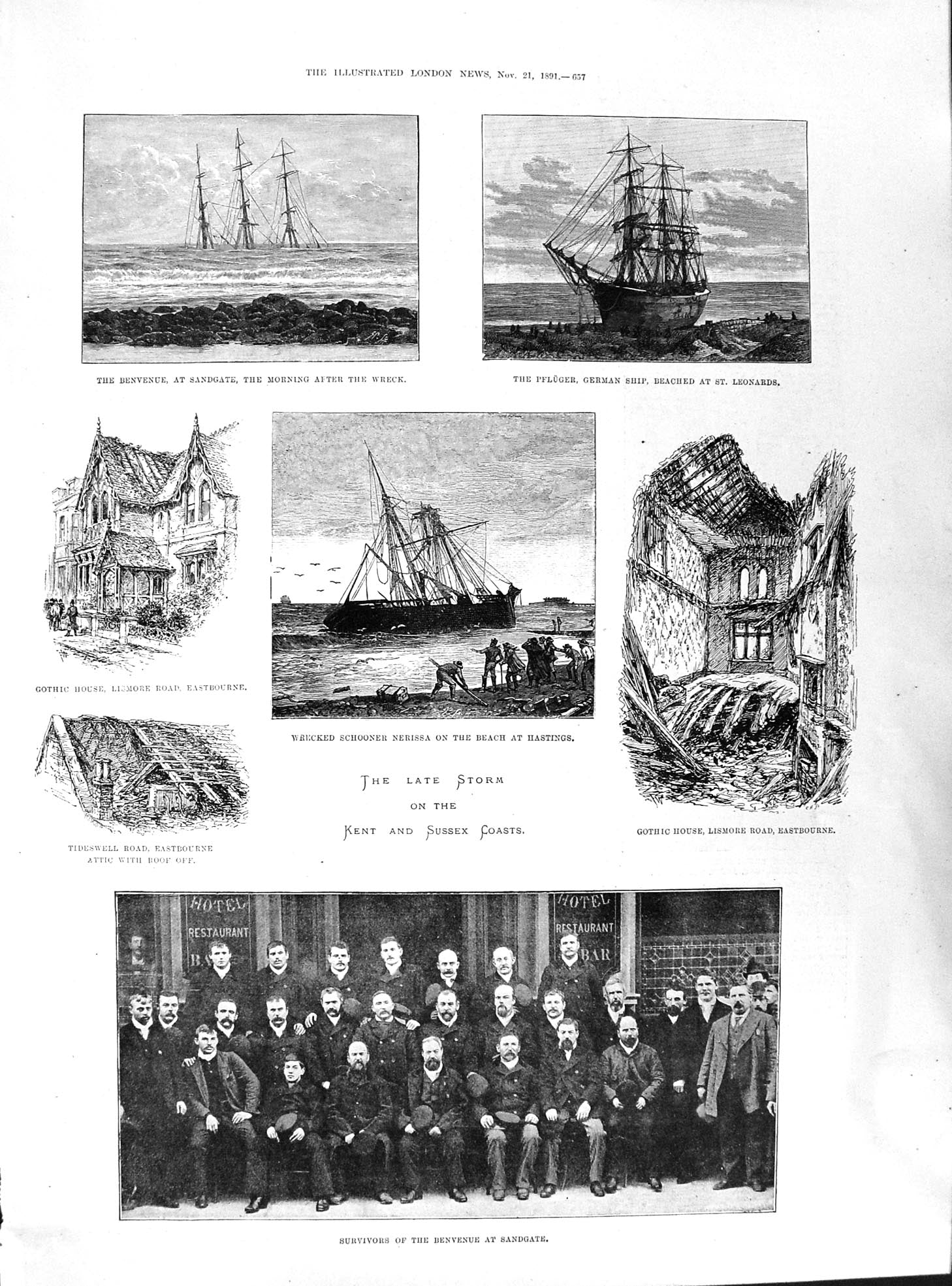 Old 1891 Kent Sussex Coasts Storm Ships Benvenue Survivors Pfluger Se Victorian