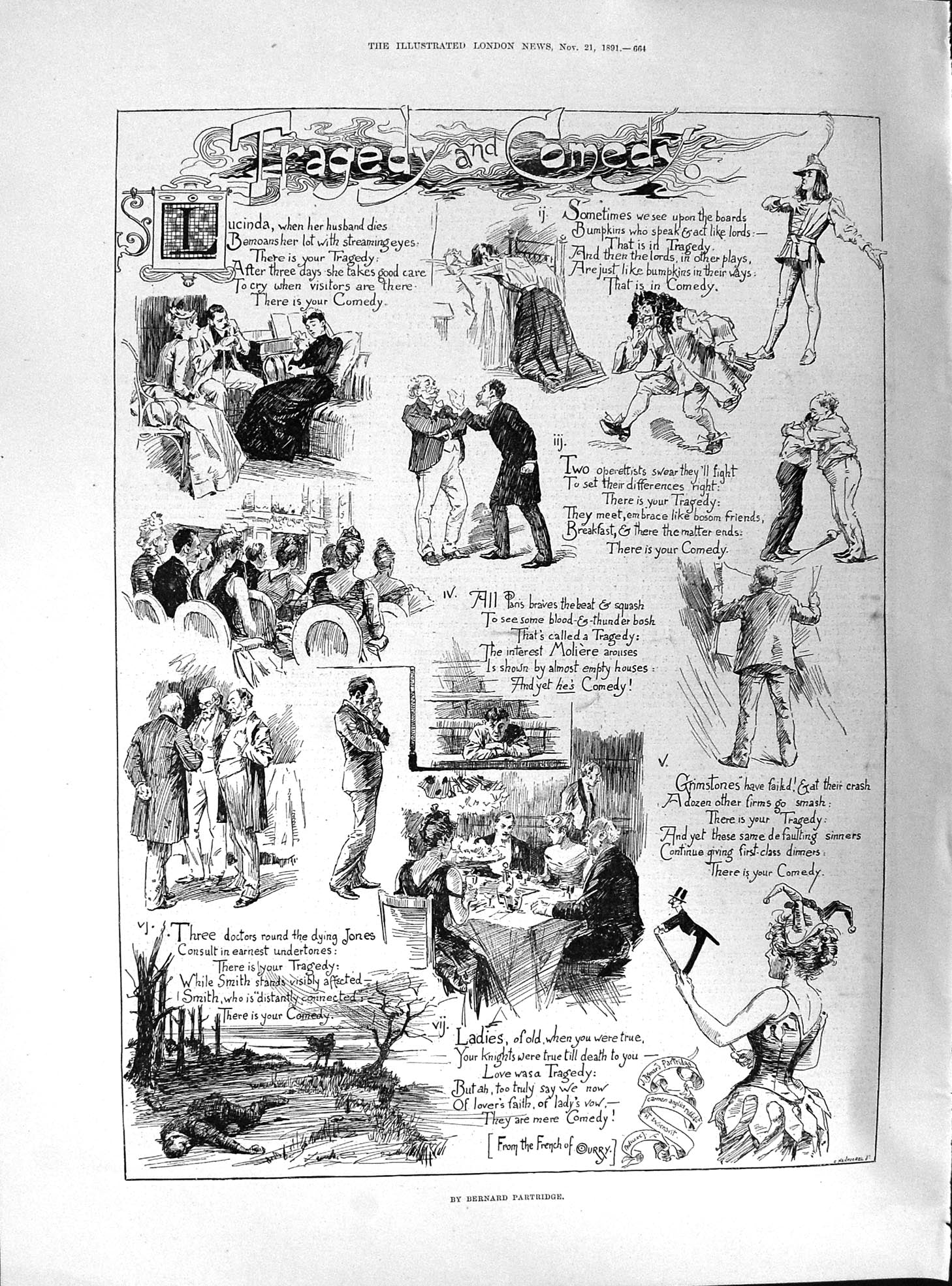 Antique Old Print 1891 Tragedy Comedy Cartoon Illustration Bernard Partridge