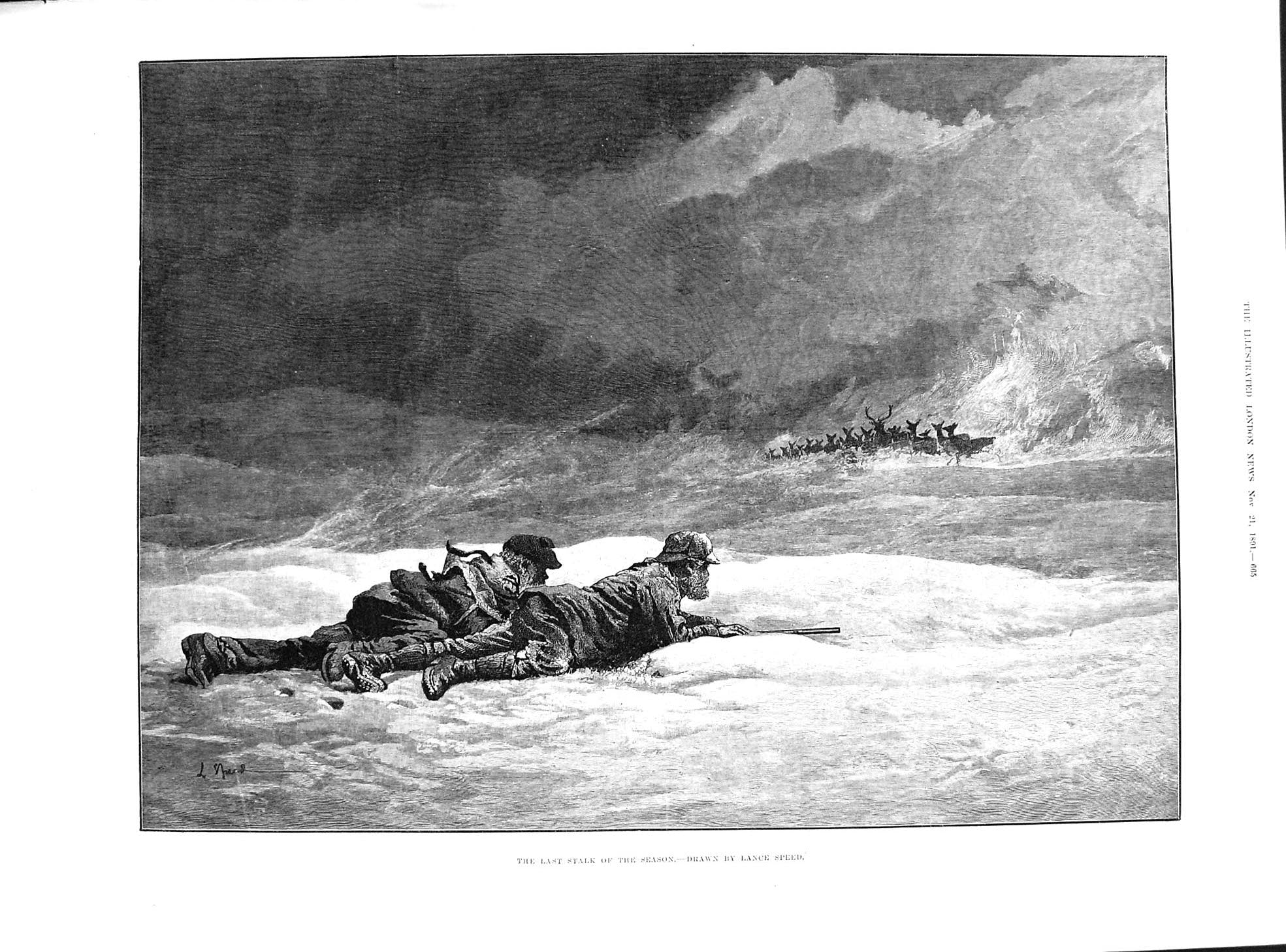 Old 1891 Hunting Sport Reindeer Snow Drawing Lance Speed Amendolea Ma Victorian