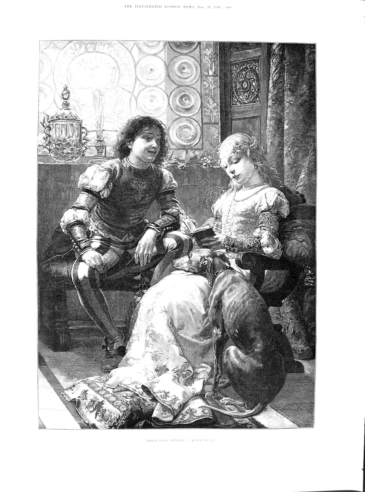 Original Old Antique Print 1891 Three Good Friends Portrait Woman Man Dog Detti