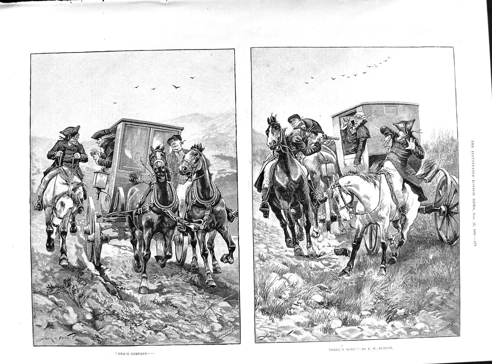 Original Old Antique Print 1891 Horses Men Carriage Burton Drawing Accident