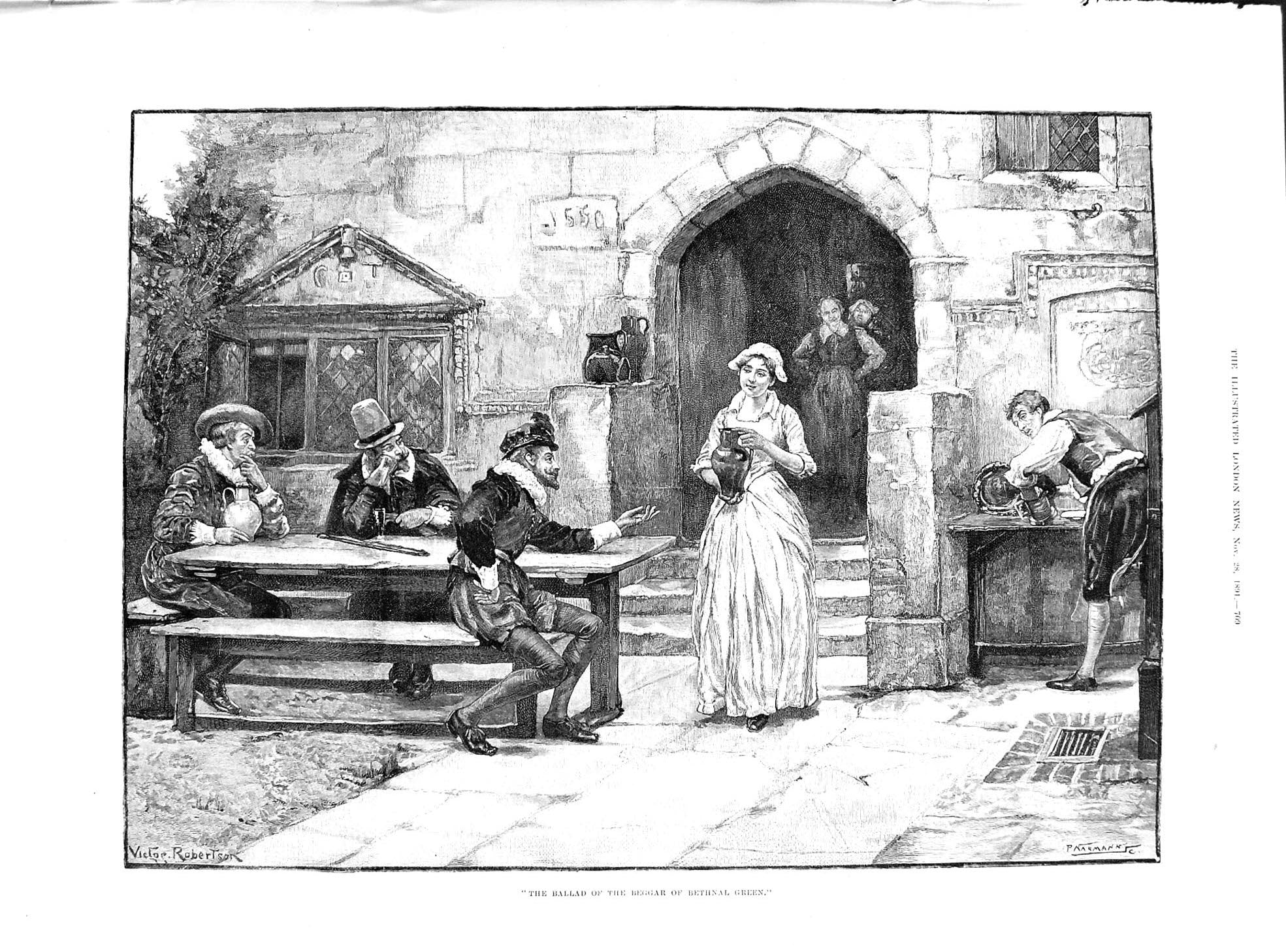 Old 1891 Bethnal Green Beggar Ballad Robertson Woman Men Outdoor Scen Victorian