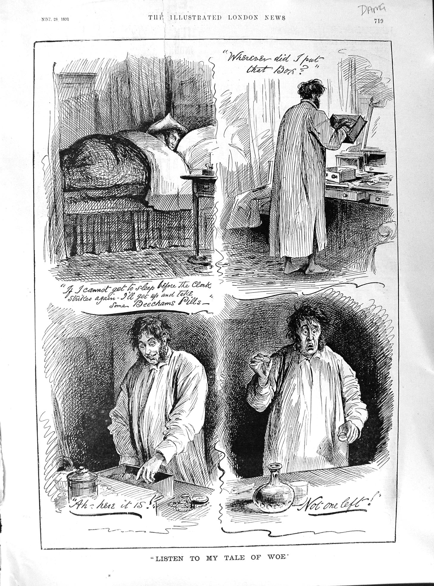 Old Print 1891 Damaged Medicine Beechams Pills Advertisement Man Cartoon 19th